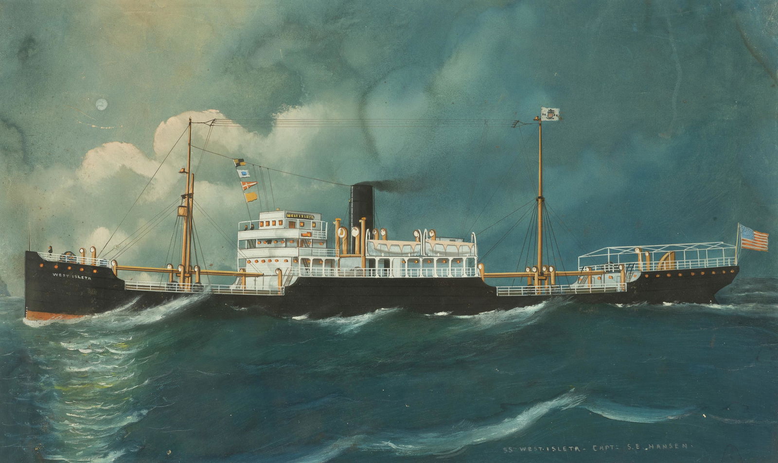 Nautical Watercolor Feat. the S. S. West Isleta: DESCRIPTION: Watercolor depicting a stormy, tumultuous sea voyage of the S. S. West Isleta steamboat with Captain S.E Hansen aboard. The S.S. West Isleta was a Farrell Lines cargo ship built by Ames S