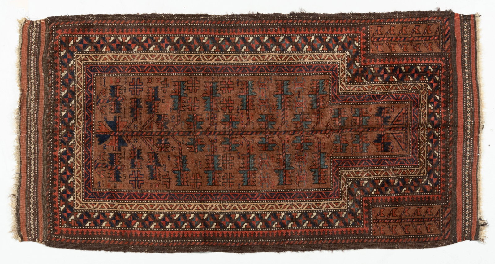 Baluch Prayer Rug: DESCRIPTION: Baluch prayer rug. Brown ground with cream and blue highlights. First quarter of the 20th century. MEASUREMENTS: 4 ' 9 " long x 2 ' 6 " wide. CONDITION: Very good. Losses to fringe, frayi