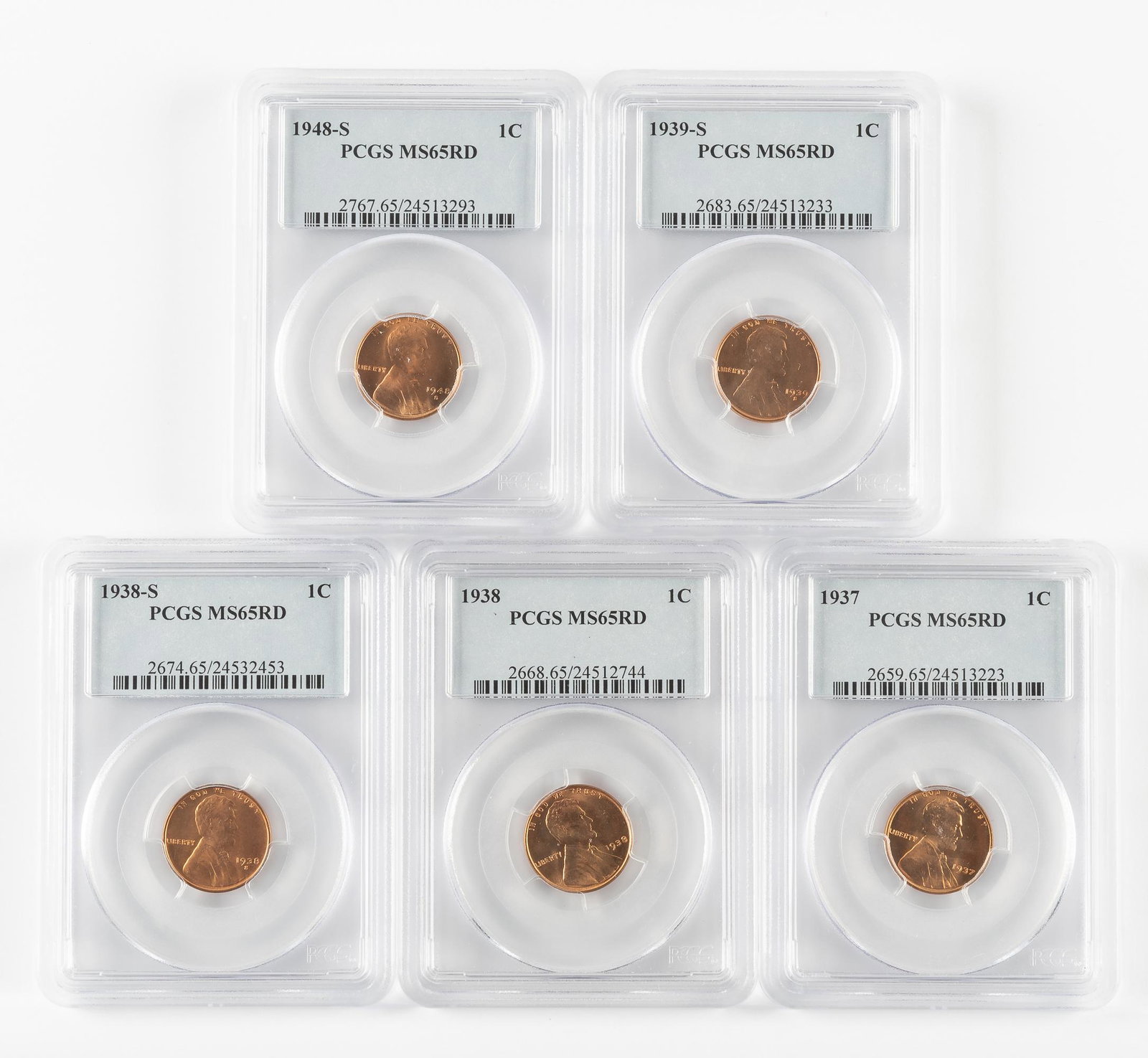 5 Lincoln Pennies PCGS MS65 RD (1 of 2)