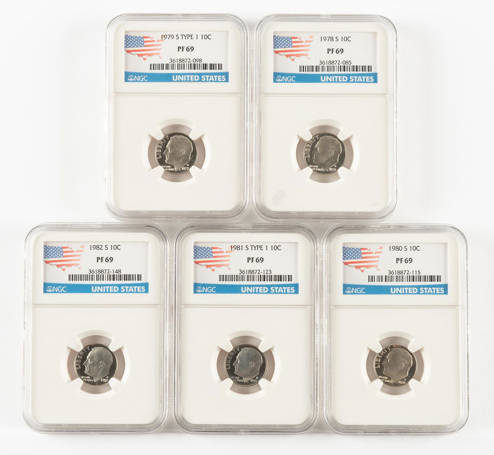 5 Roosevelt Dimes NGC PF69 (1 of 2)