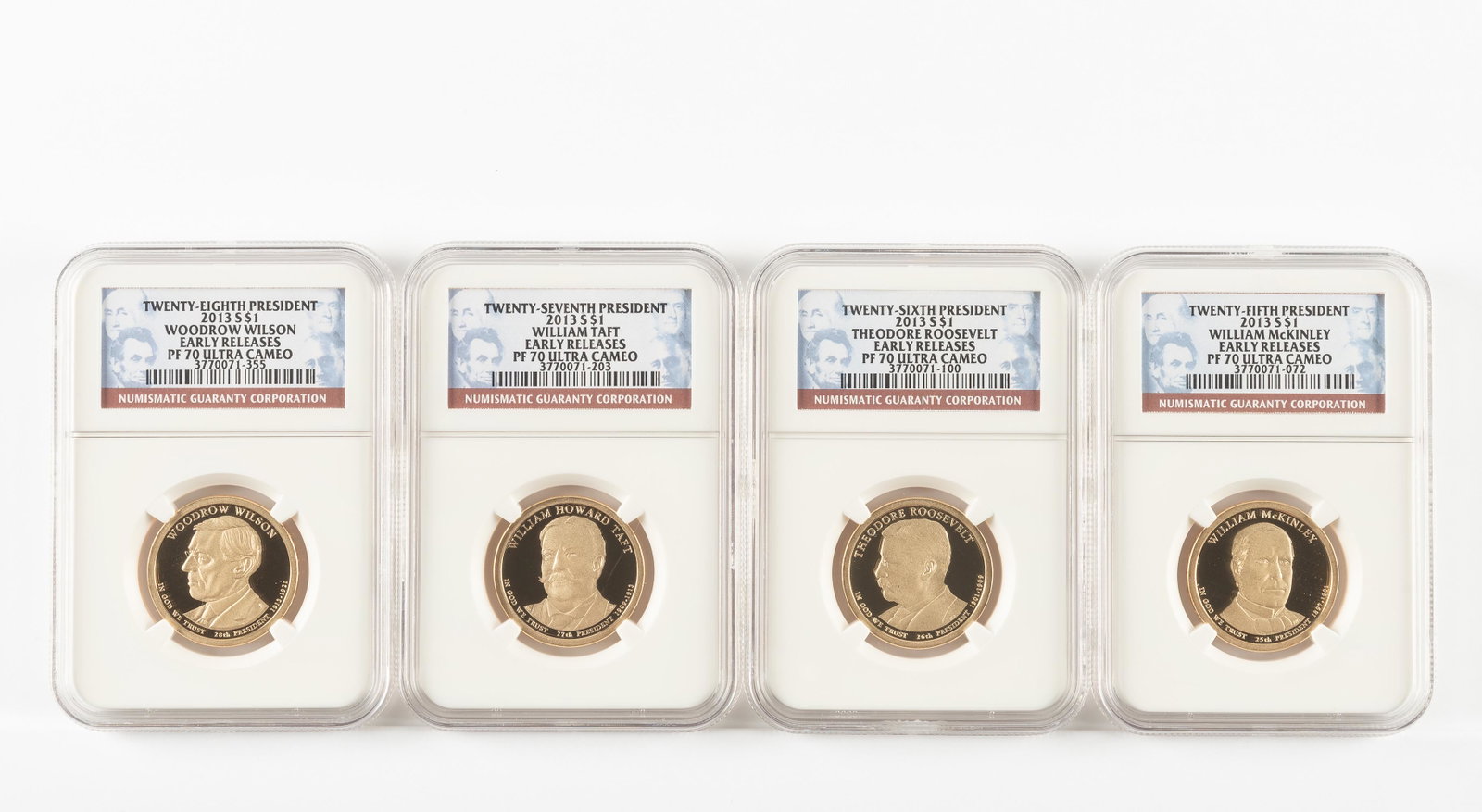 4 2013-S Presidential Dollars NGC ER PF70 UC: 4 2013-S Presidential Dollars NGC PF70 Ultra cameo, early releases. William McKinley, Theodore Roosevelt, William Taft, Woodrow Wilson IMPORTANT: Before bidding, please read the terms and conditions. 