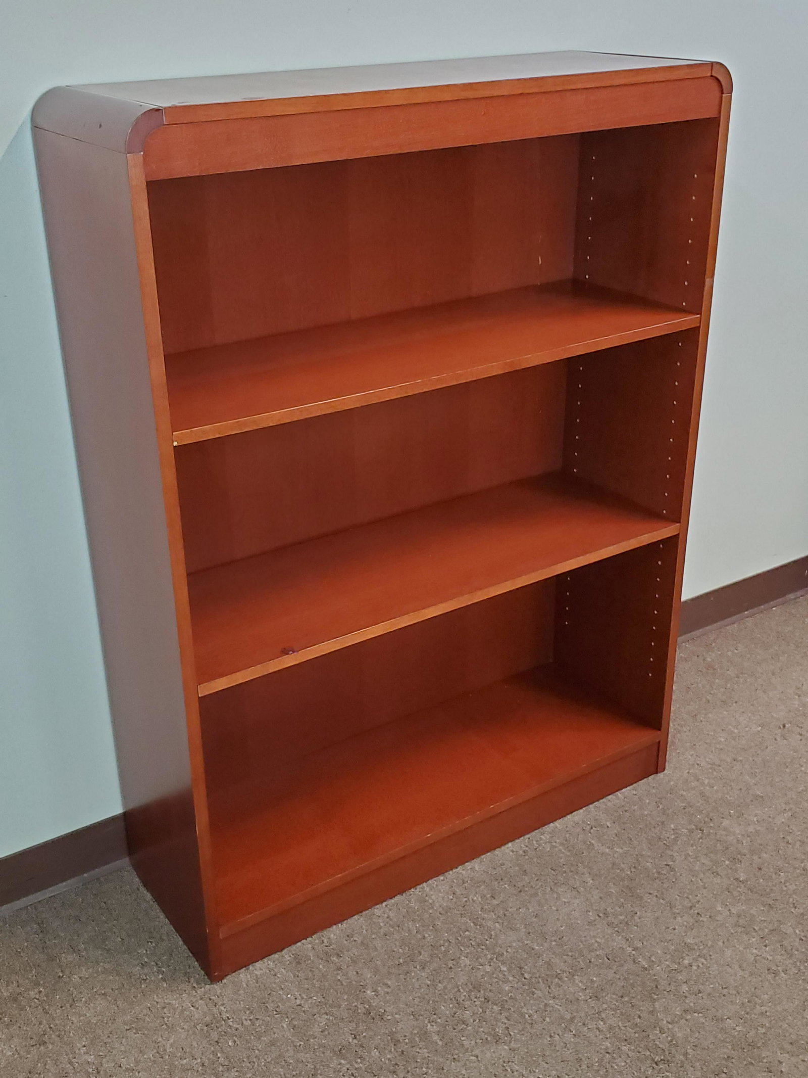 Bookcase: 36" wide X 10" deep X 48" high. Some issues to finish. Back has a crack. IMPORTANT: Before bidding, please read the terms and conditions. When you registered for the auction you agreed to these terms 