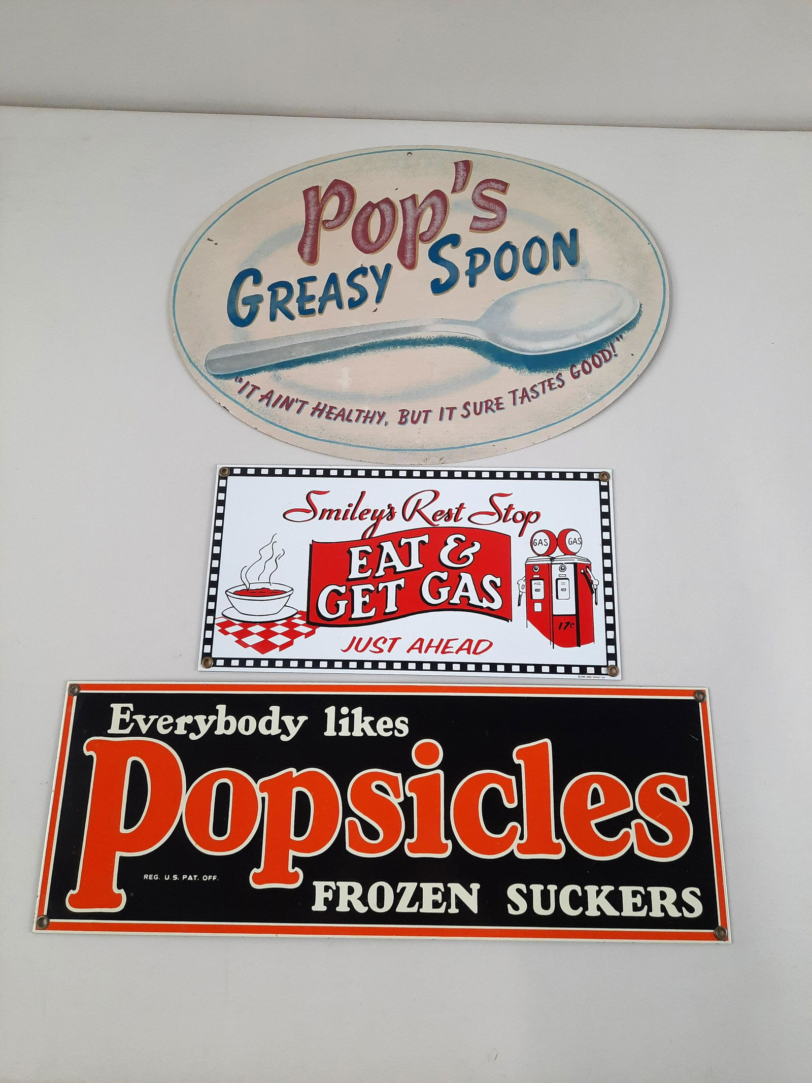 3 Porcelain Signs incl Pop's Greasy Spoon (1 of 3)