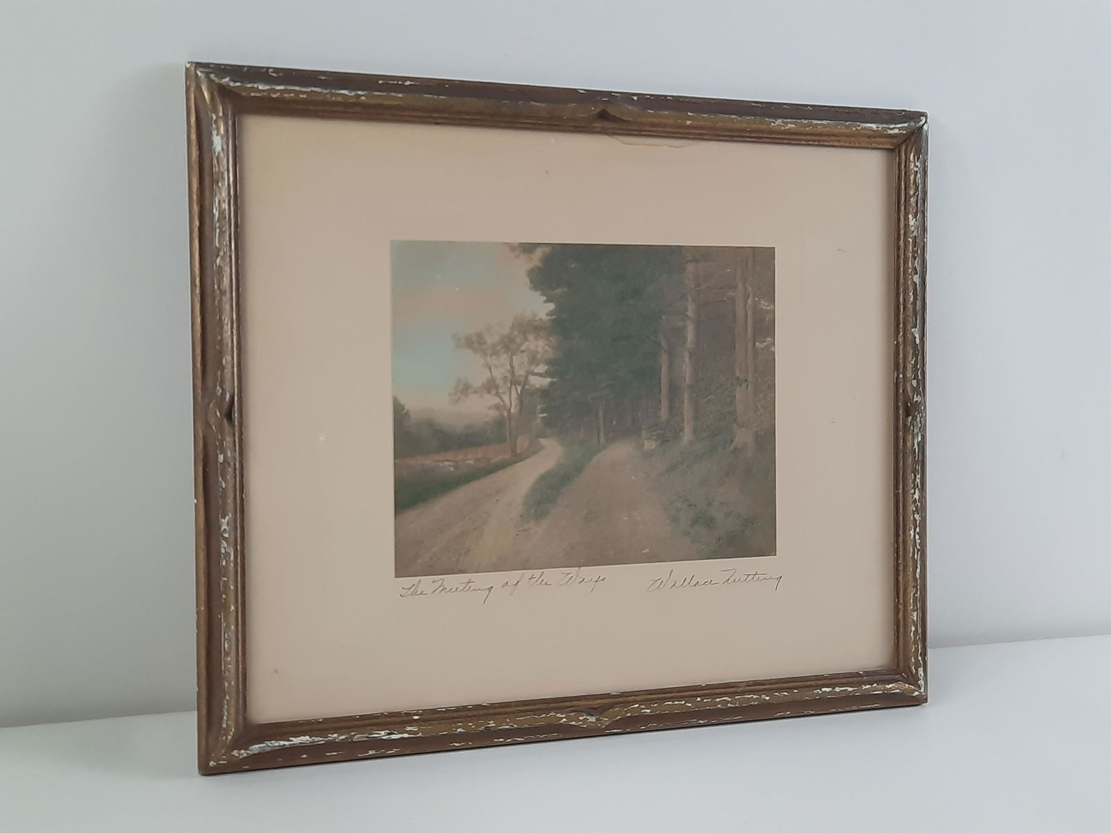 Wallace Nutting "Meeting of the Ways" Print: Overall with frame 14-3/4" high x 17-1/2" wide. Some losses to frame. Some fading. IMPORTANT: Before bidding, please read the terms and conditions. When you registered for the auction you agreed to th