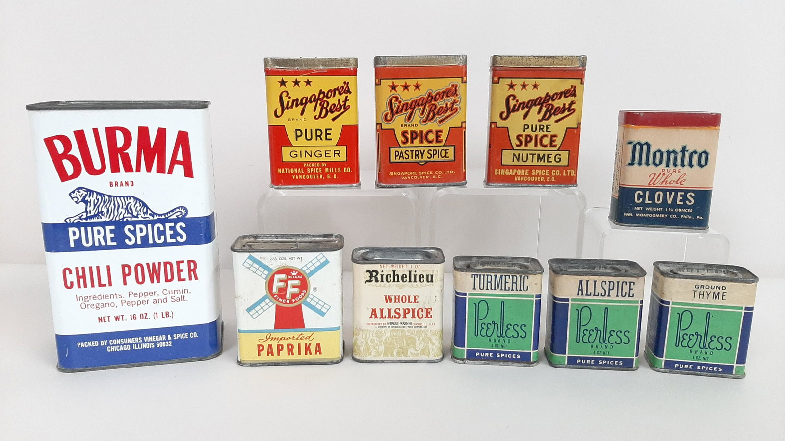 10 Vintage Advertising Spice Tins incl. Peerless: Also includes Singapore's Best, Burma, Montco, Richelieu, and Finer Foods. 2" to 3-3/4" wide X 3/4" to 2-1/2" deep X 2-1/2" high. IMPORTANT: Before bidding, please read the terms and conditions. When 