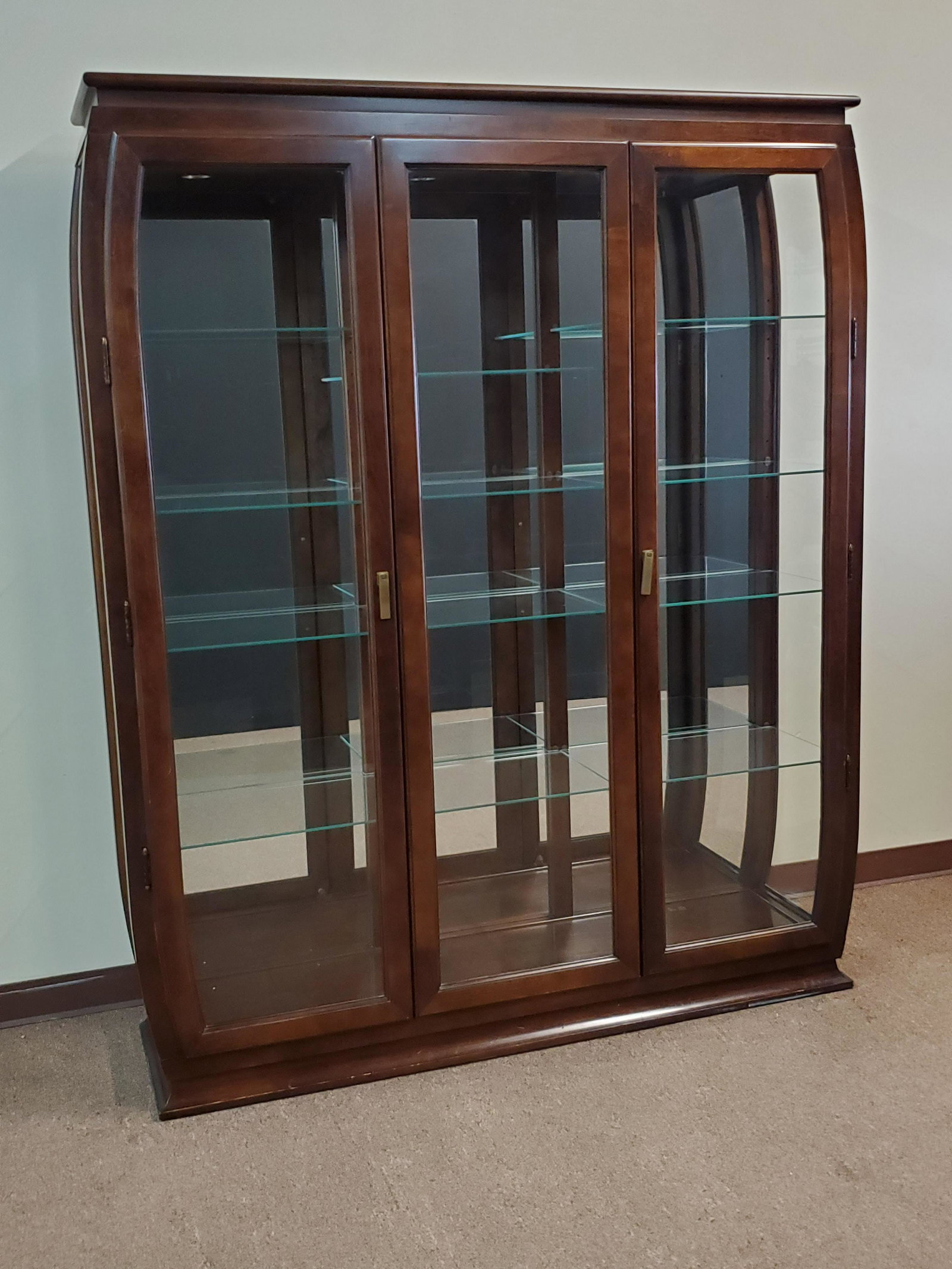Asian Style Lighted Curio Cabinet: 63 3/4" wide X 16 1/4" deep X 77" high. Working. IMPORTANT: Before bidding, please read the terms and conditions. When you registered for the auction you agreed to these terms and will be required to 