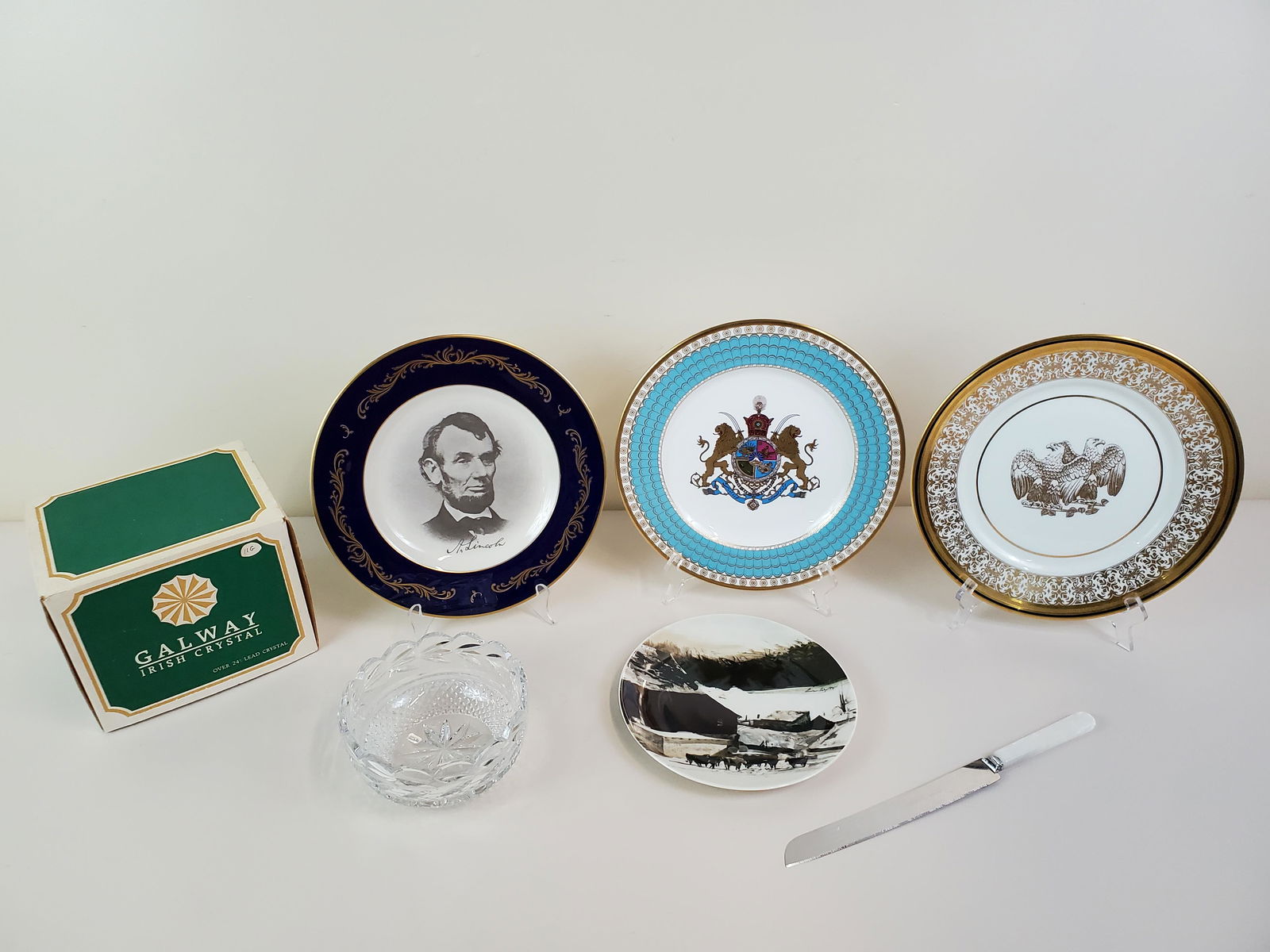 6 Pcs Spode & Galway Crystal: Also includes cake knife and Andrew Wyeth plate. IMPORTANT: Before bidding, please read the terms and conditions. When you registered for the auction you agreed to these terms and will be required to