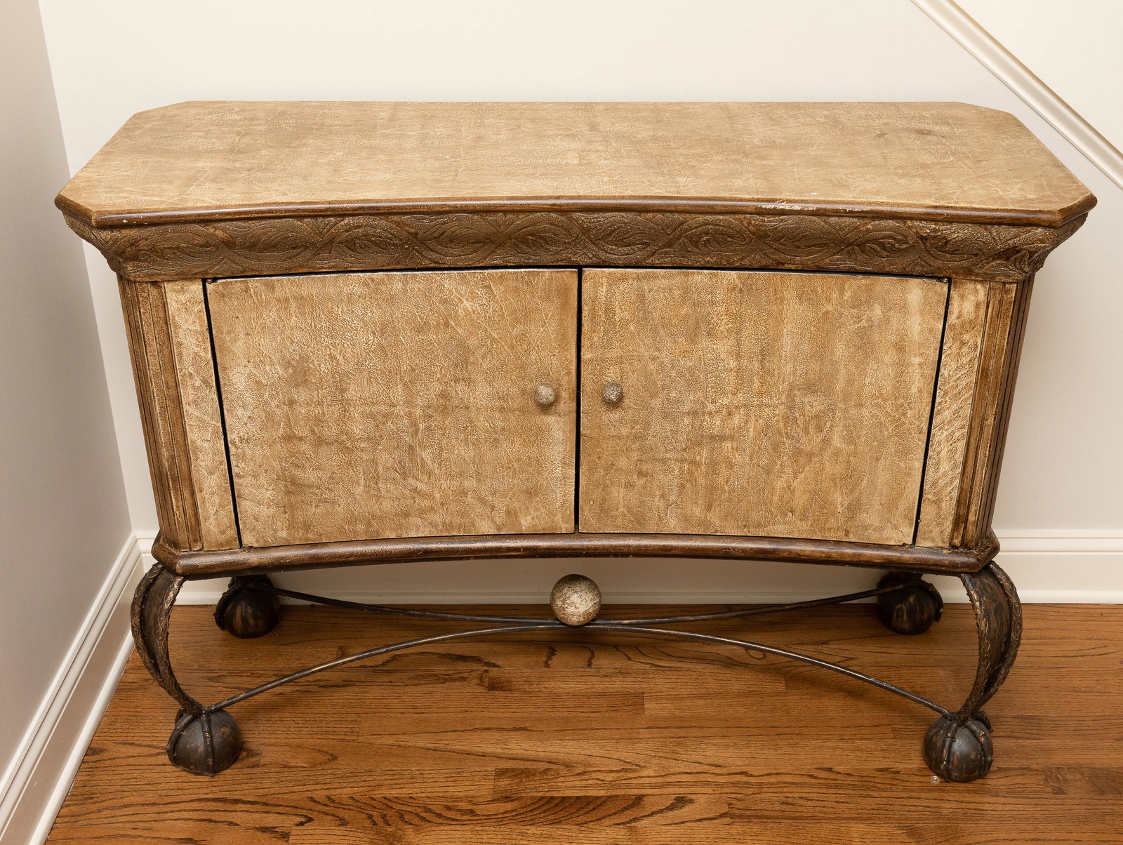2 Door Cabinet: Simulated leather finish with metal legs ending in ball and talon feet. 47" wide x 17" deep x 34" high. Wear to finish on top edge - see images. IMPORTANT: Before bidding, please read the terms and co