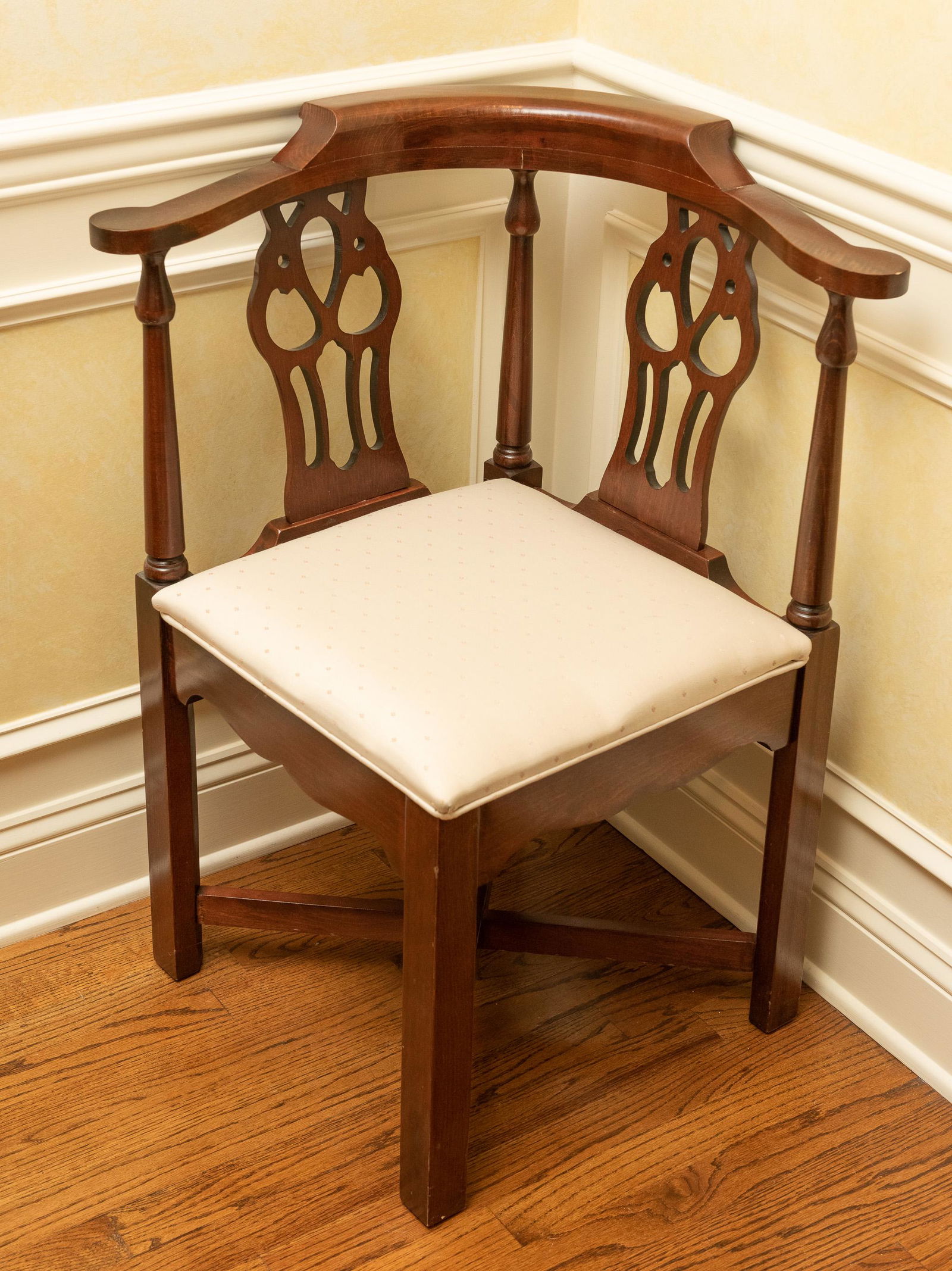 Corner Chair: 18-1/2" wide x 18-1/2" deep x 33-1/2" high. IMPORTANT: Before bidding, please read the terms and conditions. When you registered for the auction you agreed to these terms and will be required to compl
