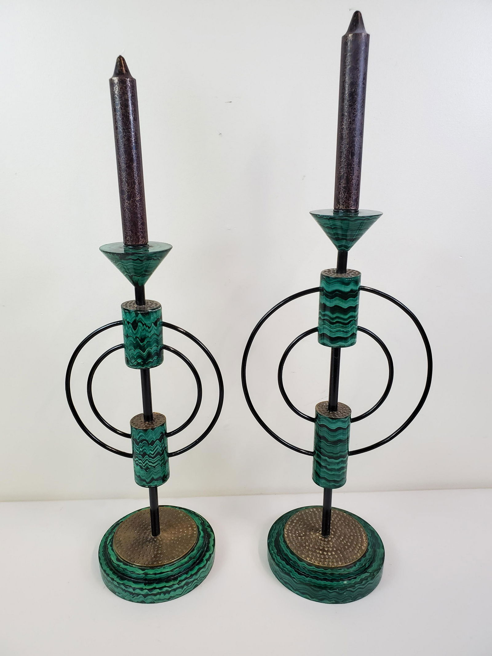 Pair Faux Malachite Candle Holders With Brass (1 of 3)