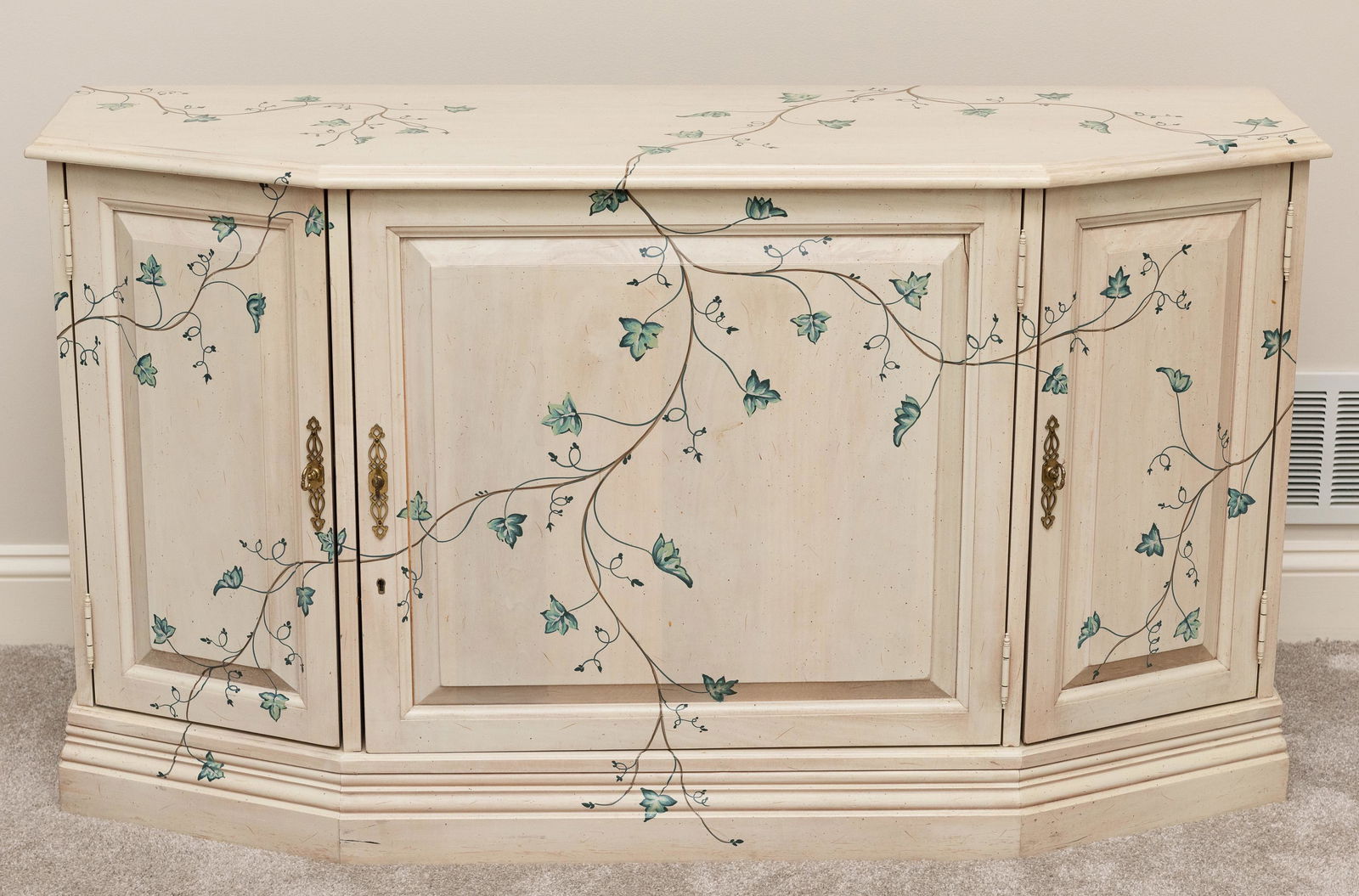 3 Door Paint Decorated Jasper Cabinet Co: 52" wide x 16" deep x 30" high. IMPORTANT: Before bidding, please read the terms and conditions. When you registered for the auction you agreed to these terms and will be required to comply with them.