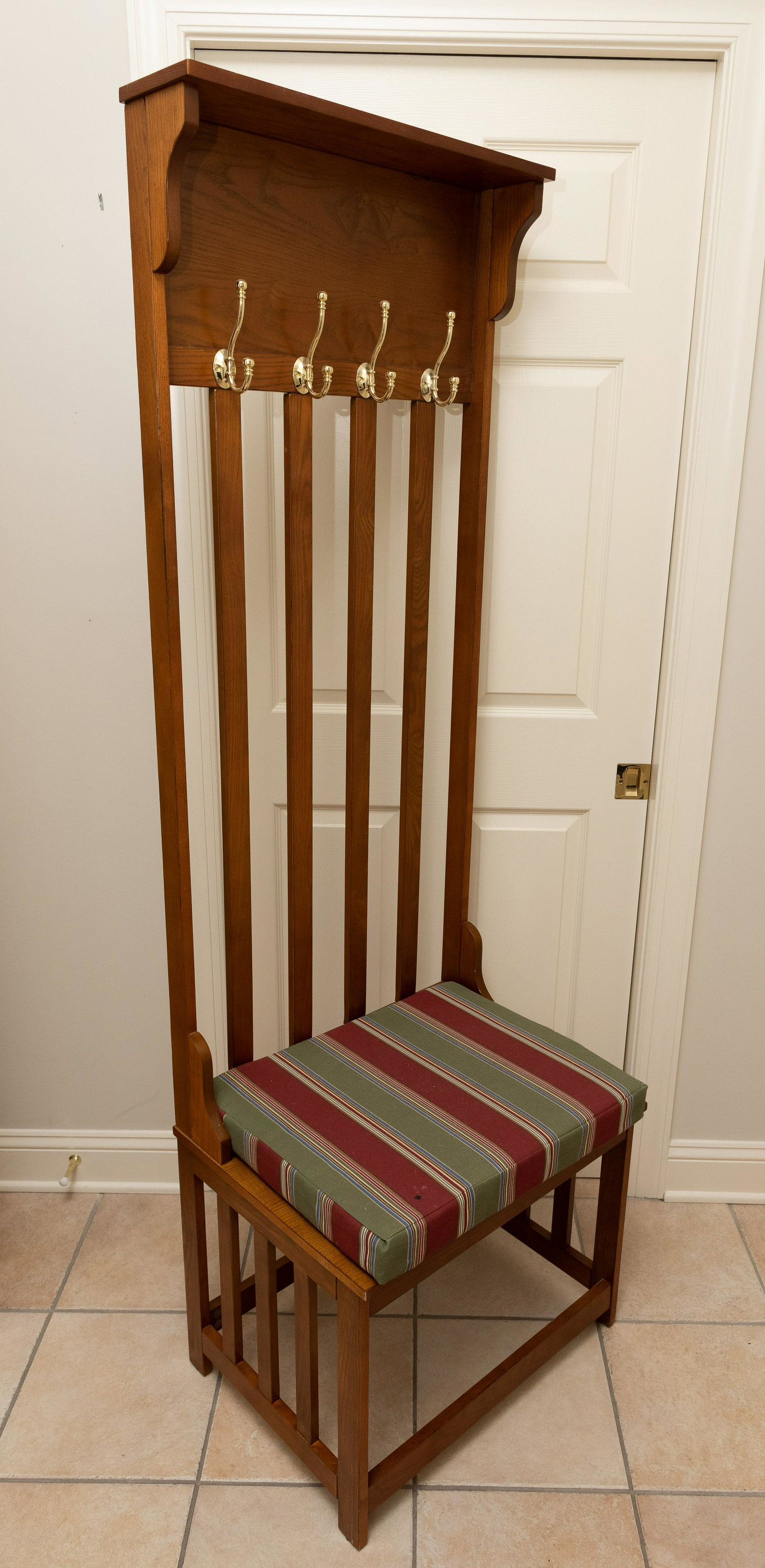 Hall Tree With Seat: 25" wide x 19" deep x 73" high. IMPORTANT: Before bidding, please read the terms and conditions. When you registered for the auction you agreed to these terms and will be required to comply with them.