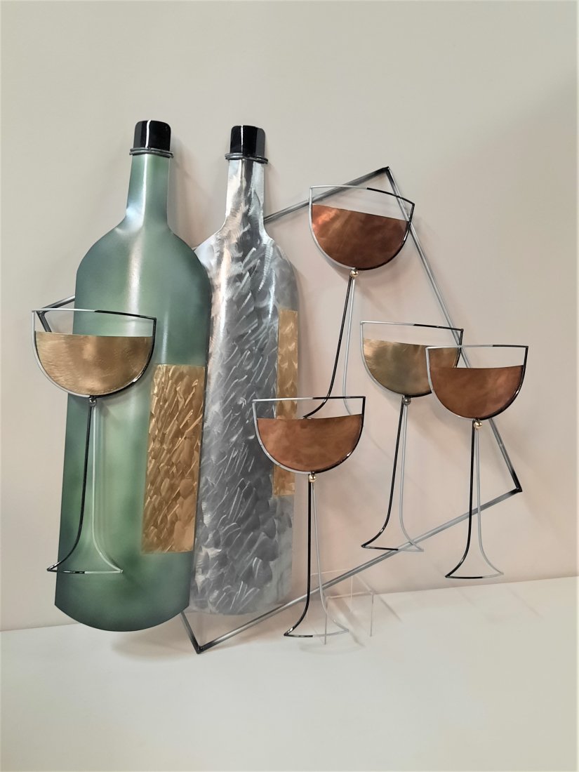 Attrib. Curtis Jere Metal Wine Wall Sculpture: Unsigned. 29-1/2" high x 30-1/2" high. IMPORTANT: Before bidding, please read the terms and conditions. When you registered for the auction you agreed to these terms and will be required to comply wit