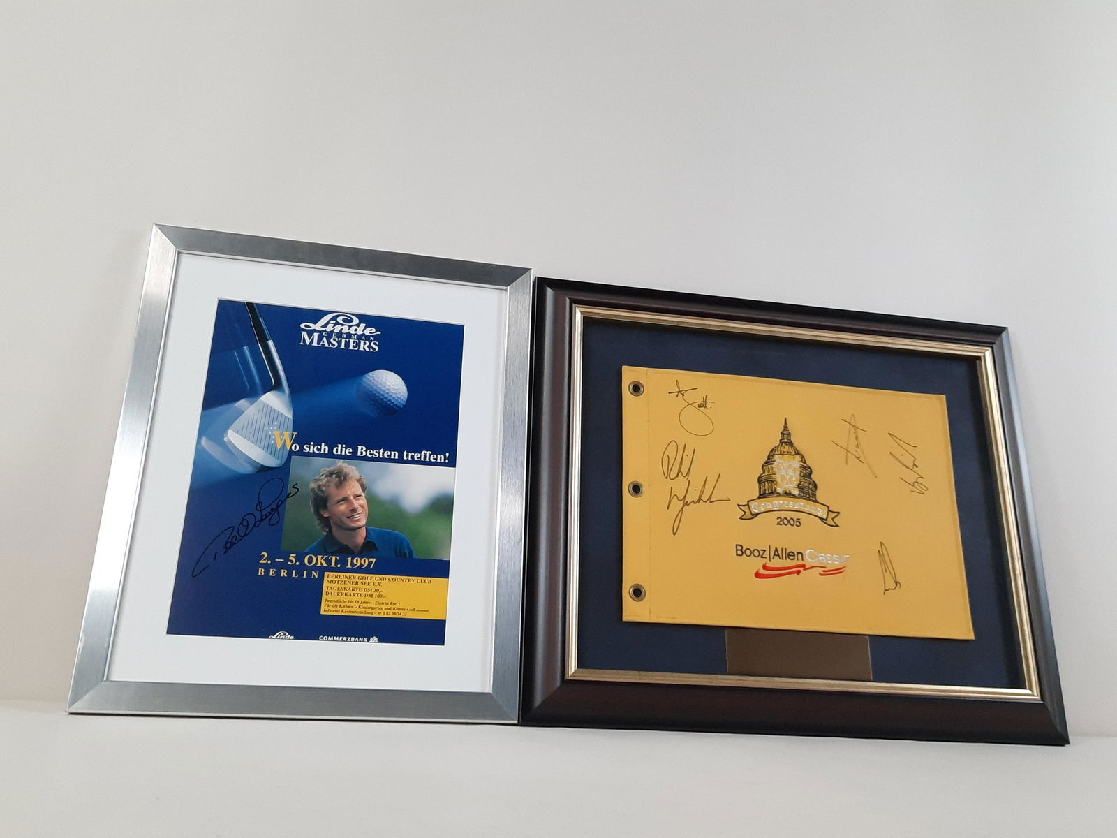 2 Autographed Collectibles incl Phil Mickelson: Also includes Luke Donald, Vijay Signh, Erie Els, Adam Scott and Bernhard Langer. Overall with frames 21-3/4" to 22" high x 18-1/4" to 26-1/3" wide. IMPORTANT: Before bidding, please read the terms an