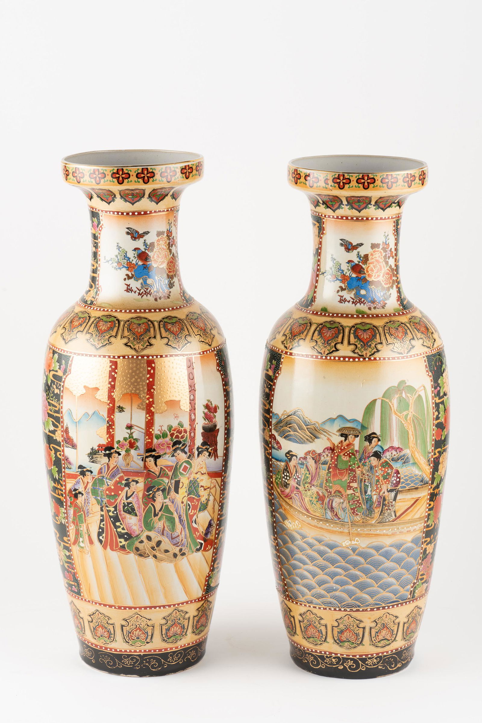 2 Hand Painted Royal Golden Satsuma Vases: Two hand painted royal golden Satsuma vases. Late 20th century. MEASUREMENTS: 8 " wide x 8 " deep x 24 " high. CONDITION: No defects noted. IMPORTANT: Before bidding, please read the terms and conditi