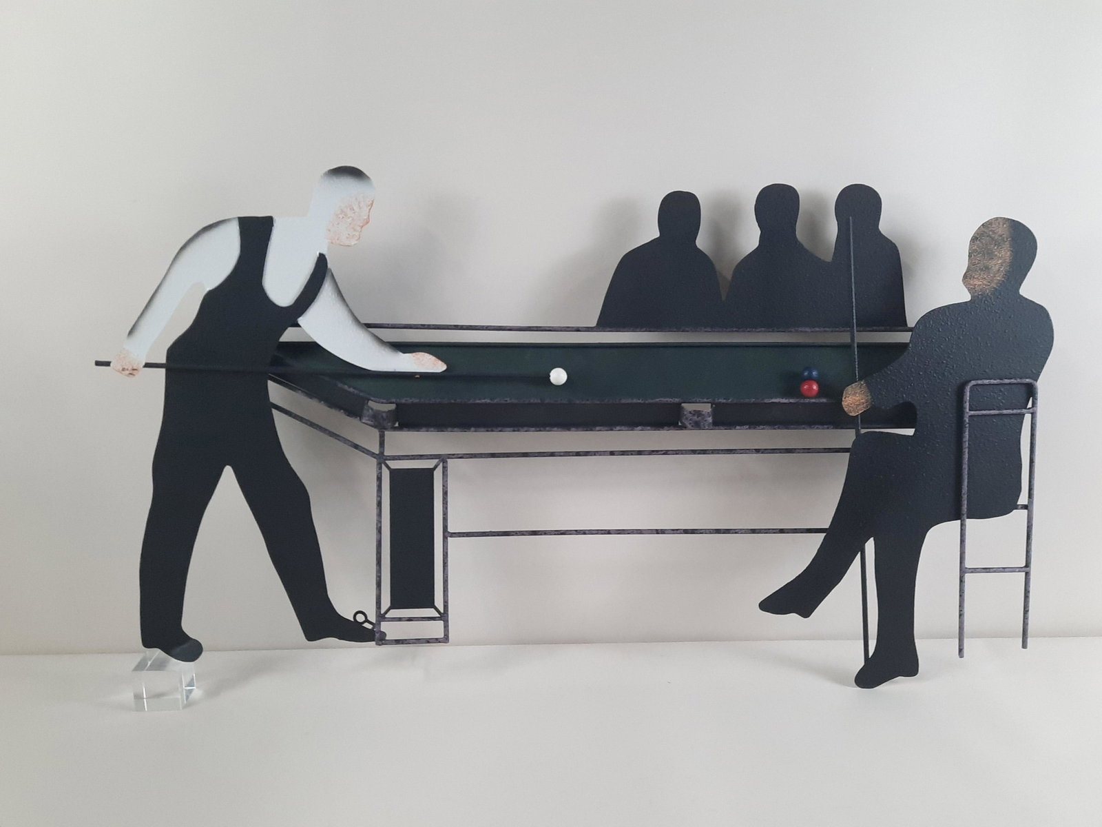 Curtis Jere Billiards Metal Wall Sculpture: Signed and dated 1992 on black and white figures hand. 42" wide x 22" high. IMPORTANT: Before bidding, please read the terms and conditions. When you registered for the auction you agreed to these ter