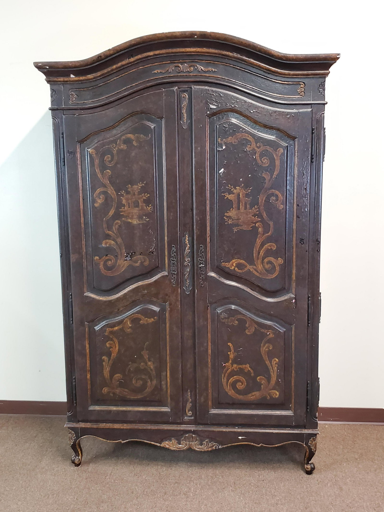 Arhaus Armoire: Made in Italy. 52" wide X 24" deep X 81" high. Paint is peeling. IMPORTANT: Before bidding, please read the terms and conditions. When you registered for the auction you agreed to these terms and will