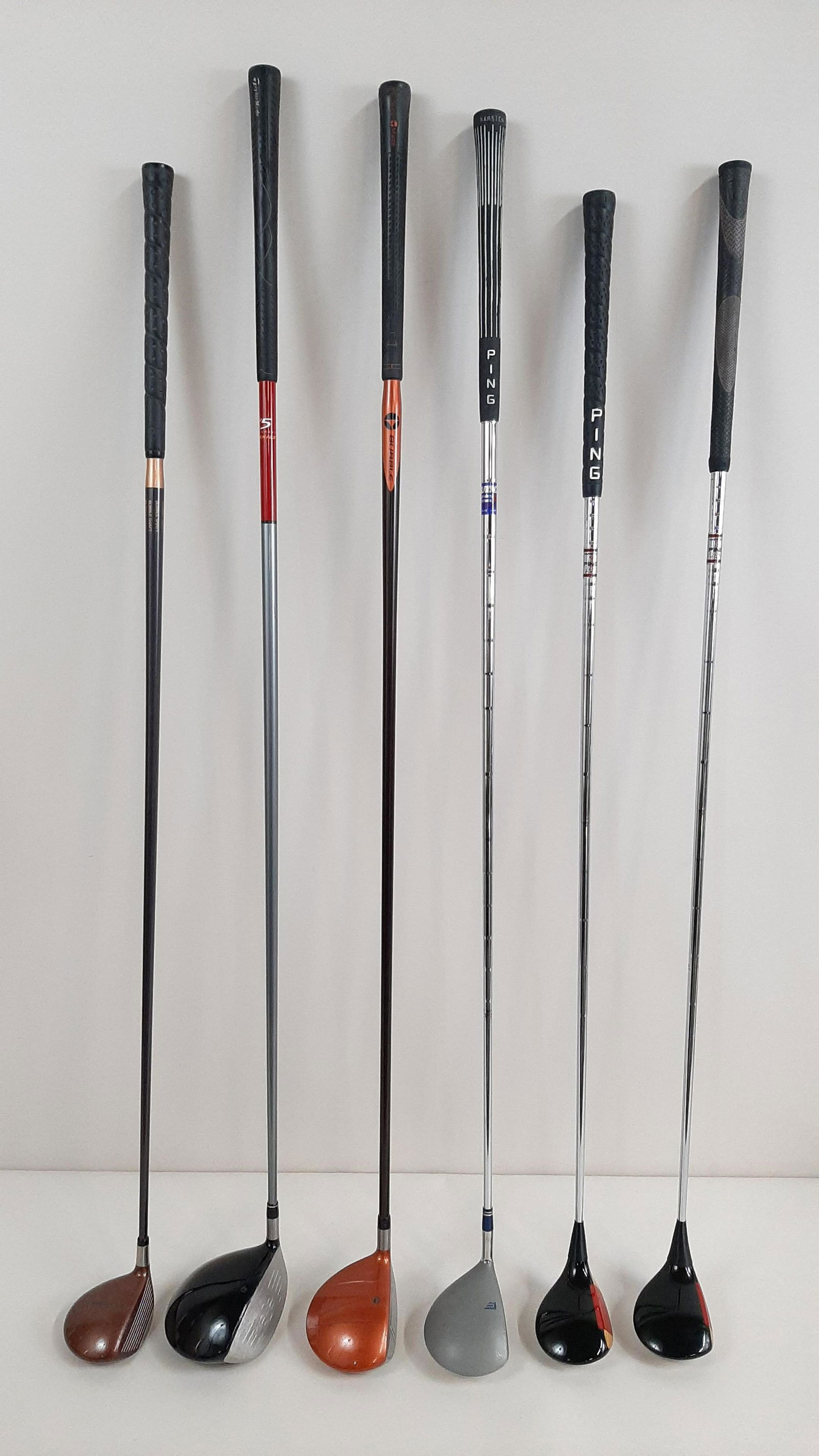 6 Golf Clubs incl Firesole: Includes Taylor Made Firesole and R580XD drivers, Founder's Club "The Judge" driver, Taylor Made titanium 3 wood, and Ping Karsten 5 and 7 woods. 42" to 45-1/2" long. IMPORTANT: Before bidding, please