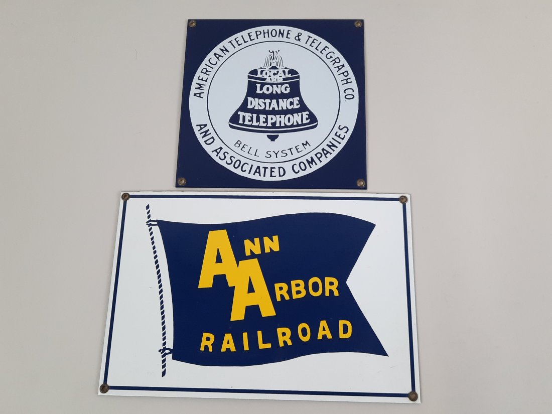 3 Porcelain Signs incl Heinz & American Telegraph: Ande Rooney Reproductions. Also includes Ann Arbor Railroad. 8" high x 8" to 12" wide. Heinz: Copyright 1983. 11-1/4" diameter.