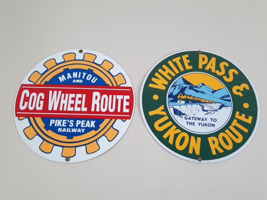 4 Railway Signs incl Pike's Peak: Ande Rooney Reproductions. Includes Manitou and Cog Wheel Route Pike's Peak Railway and White Pass & Yukon Route. 10" diameter.