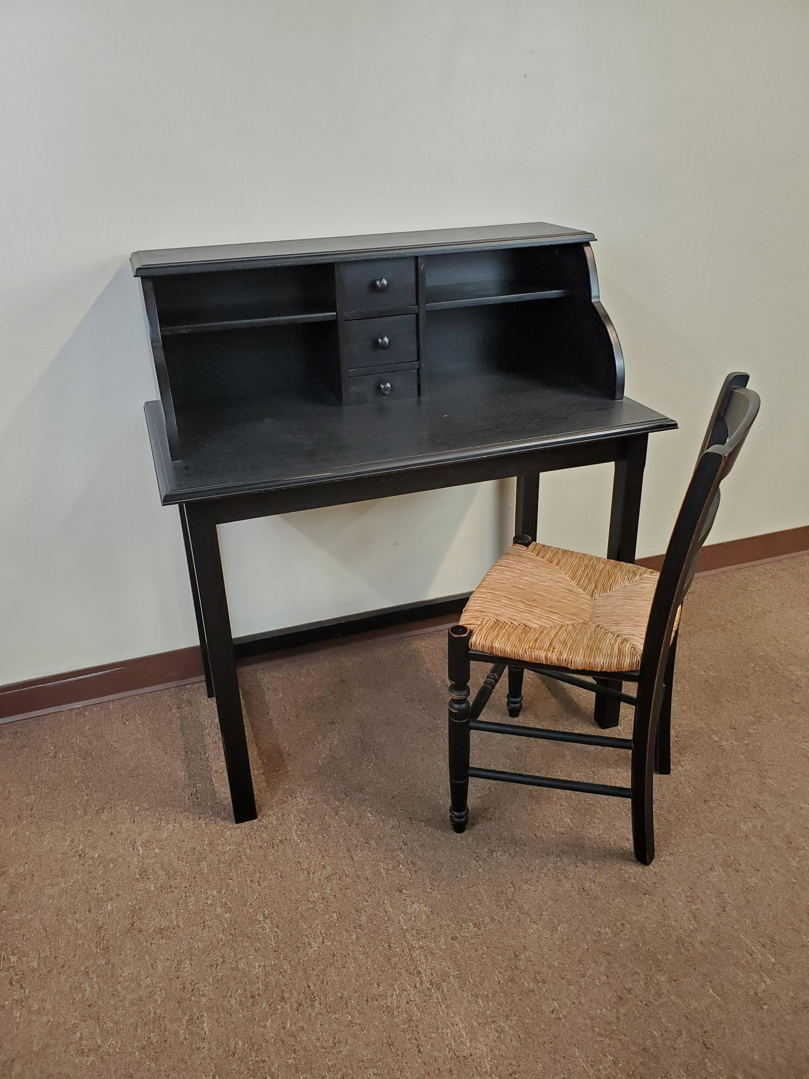 Writing Desk with Rush Seat Chair: Desk 38" wide X 22" deep X 41 1/2" high. Chair 16 3/4" wide X 14 1/2" deep X 33 1/2" high. IMPORTANT: Before bidding, please read the terms and conditions. When you registered for the auction you agre
