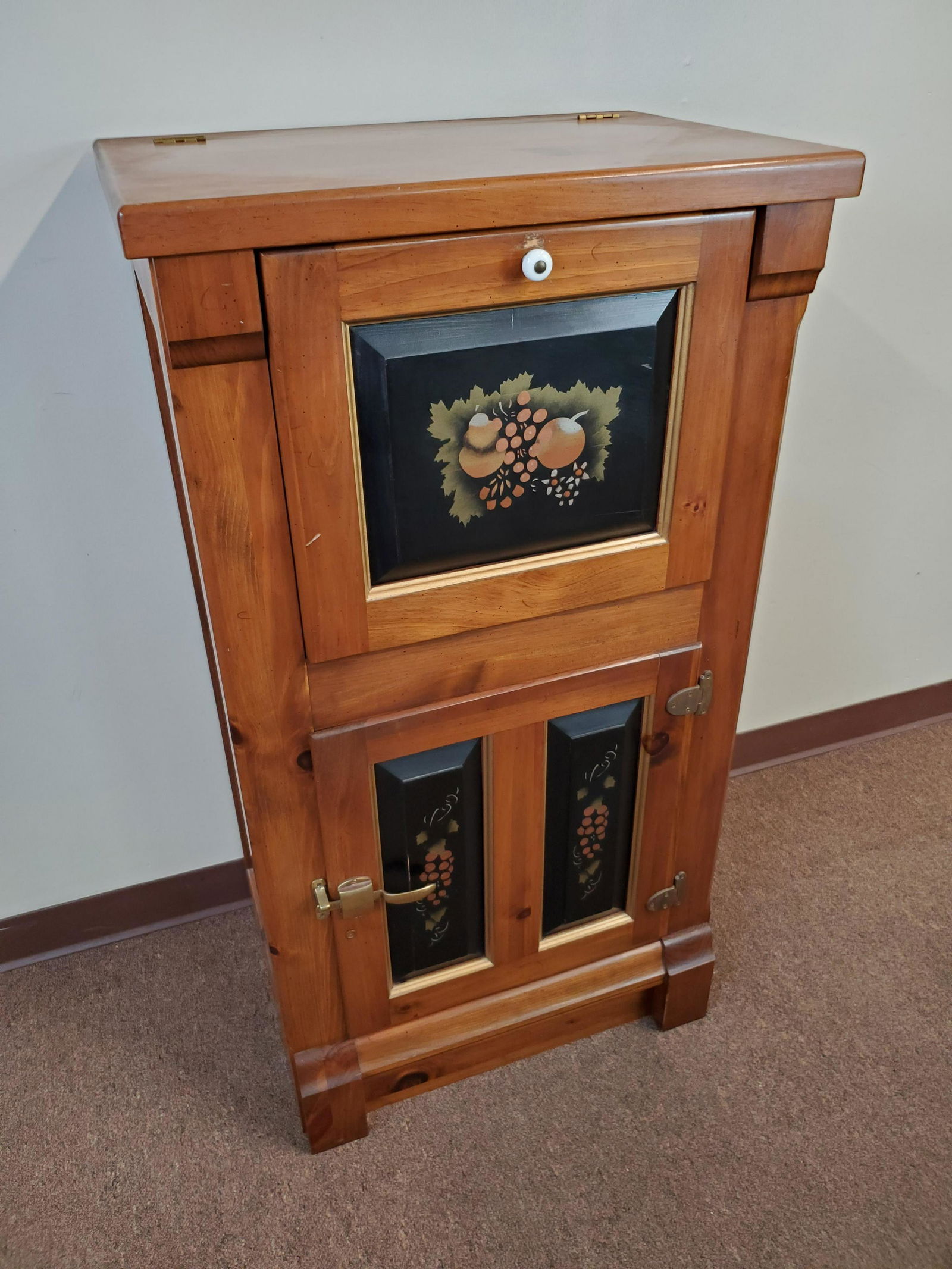 Vintage Stenciled Bar: 25" wide X 17 1/4" deep X 46" high. IMPORTANT: Before bidding, please read the terms and conditions. When you registered for the auction you agreed to these terms and will be required to comply with t