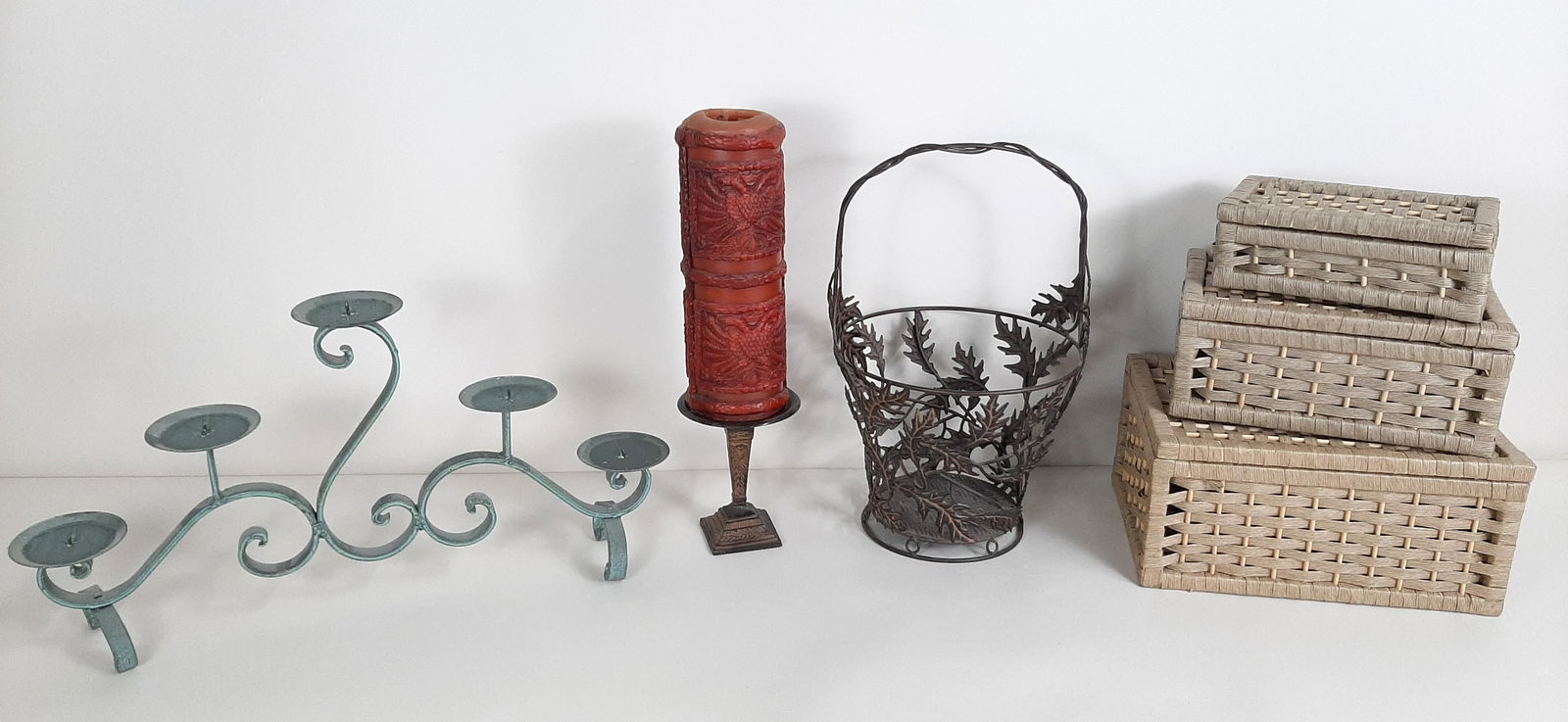 6 Decorative Baskets and Candle Accents: 5-1/2" to 24" wide X 3-1/2" to 19" high. IMPORTANT: Before bidding, please read the terms and conditions. When you registered for the auction you agreed to these terms and will be required to comply w