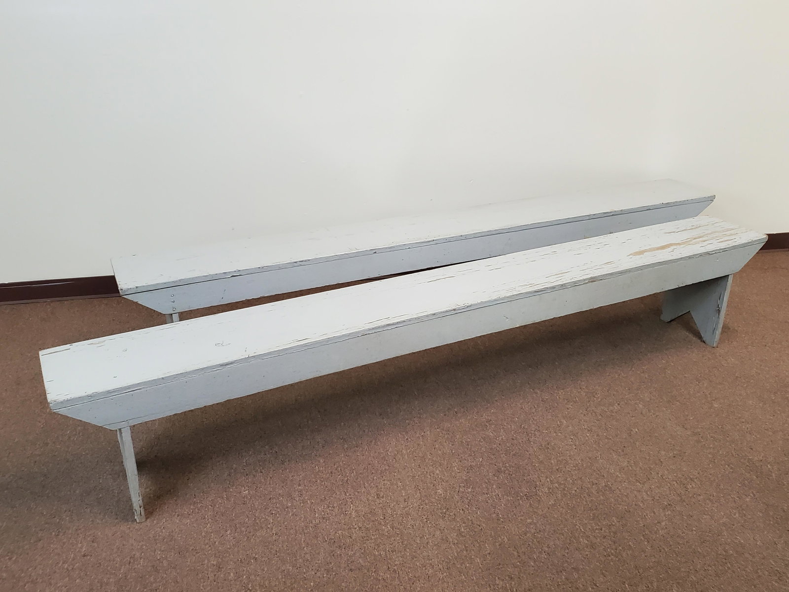 Pair Of Painted Benches: 99 1/2" wide X 11 1/2" deep X 17" high. Both have some paint loss. IMPORTANT: Before bidding, please read the terms and conditions. When you registered for the auction you agreed to these terms and wi