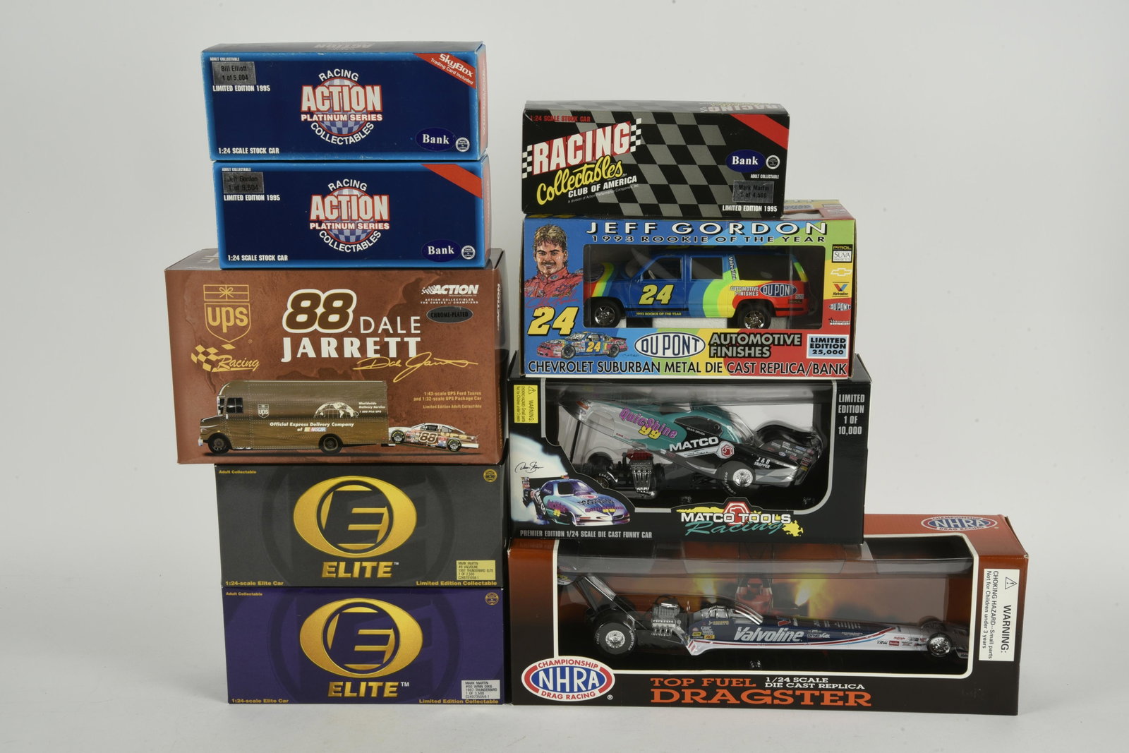 11 Die-Cast Race Cars: Include Jeff Gordon 1993 Rookie of the Year, Matco Tools Funny Car, NHRA top fuel dragster, and more. All unused in original boxes. IMPORTANT: Before bidding, please read the terms and conditions. Whe