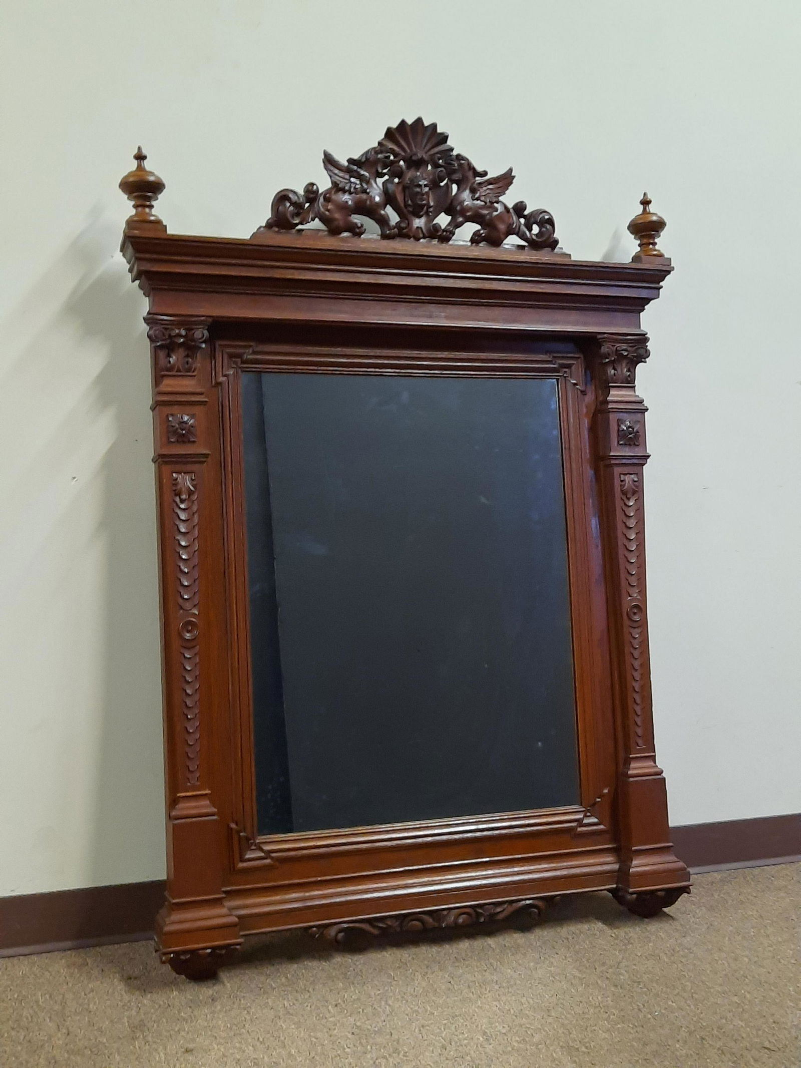 Antique Mirror: Overall with frame 56-1/4" high x 37-1/2" wide. IMPORTANT: Before bidding, please read the terms and conditions. When you registered for the auction you agreed to these terms and will be required to c