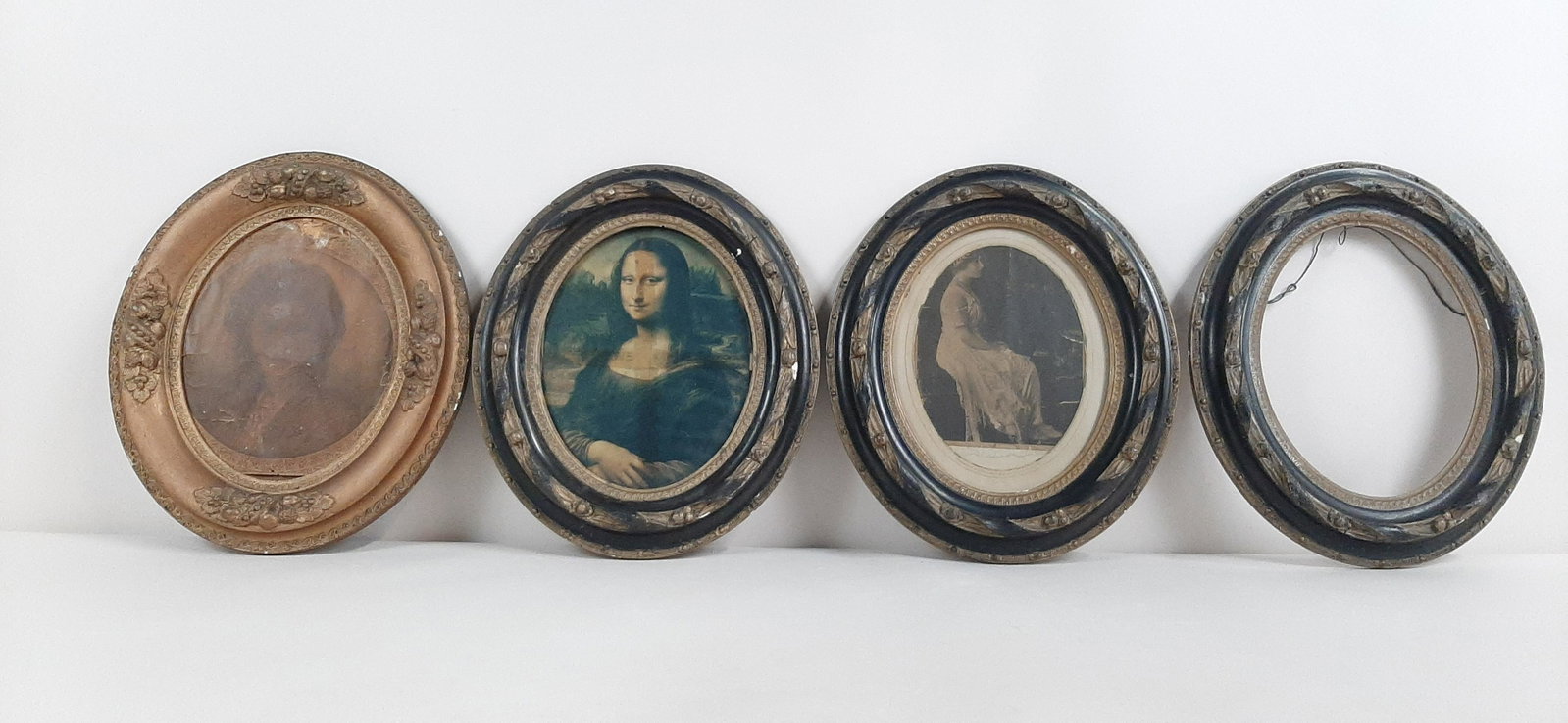 4 Antique Frames: 12" to 12-1/2" wide X 14" to 14-1/2" high. Some losses. IMPORTANT: Before bidding, please read the terms and conditions. When you registered for the auction you agreed to these terms and will be requi