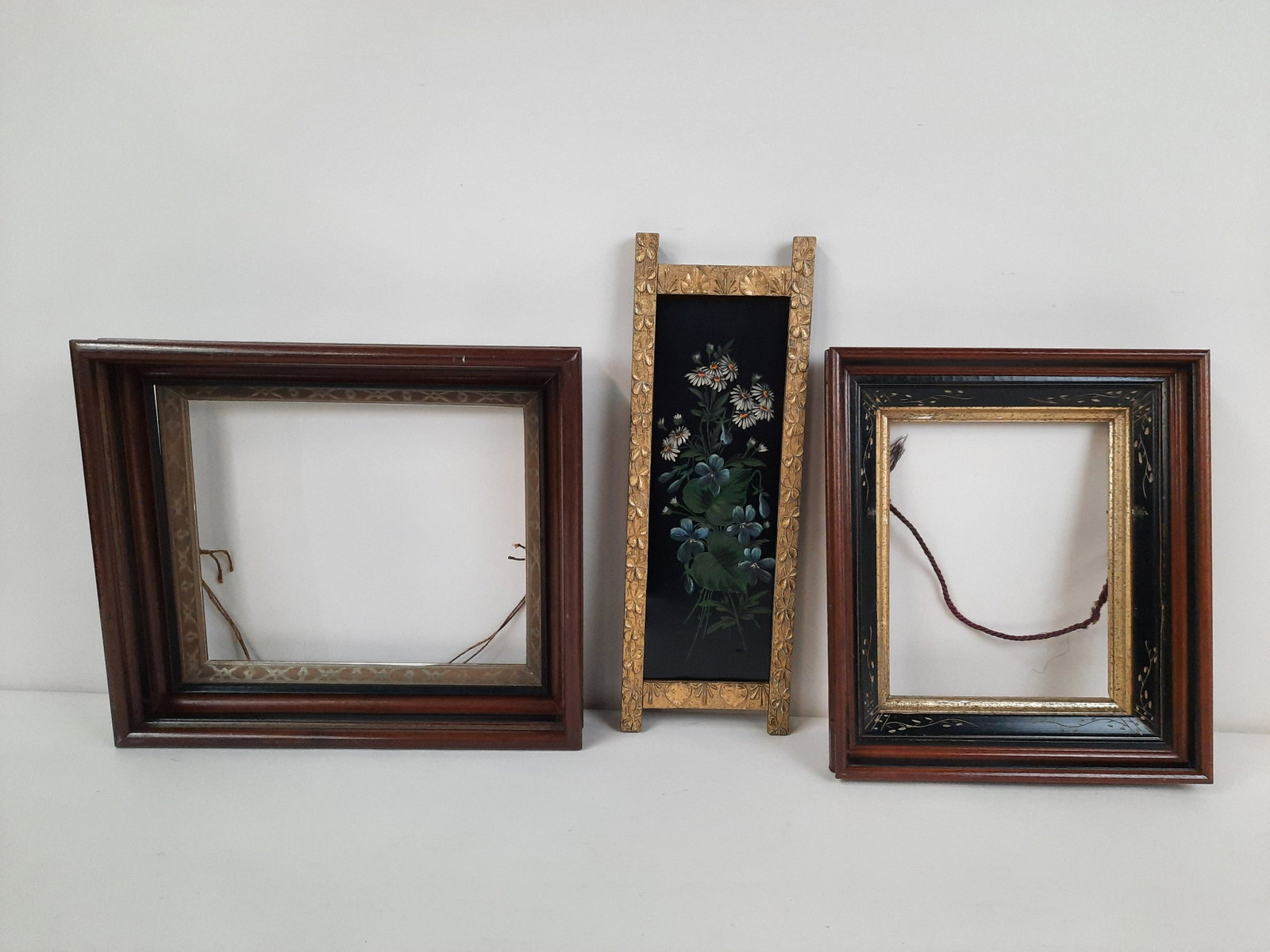 Tole Floral Painting and 2 Antique Frames: Overall 6" to 16" wide x 13-3/4" to 17-3/4" high. Frame openings: 9-1/2" high x 7-1/2" to 11-1/2" wide. IMPORTANT: Before bidding, please read the terms and conditions. When you registered for the auc