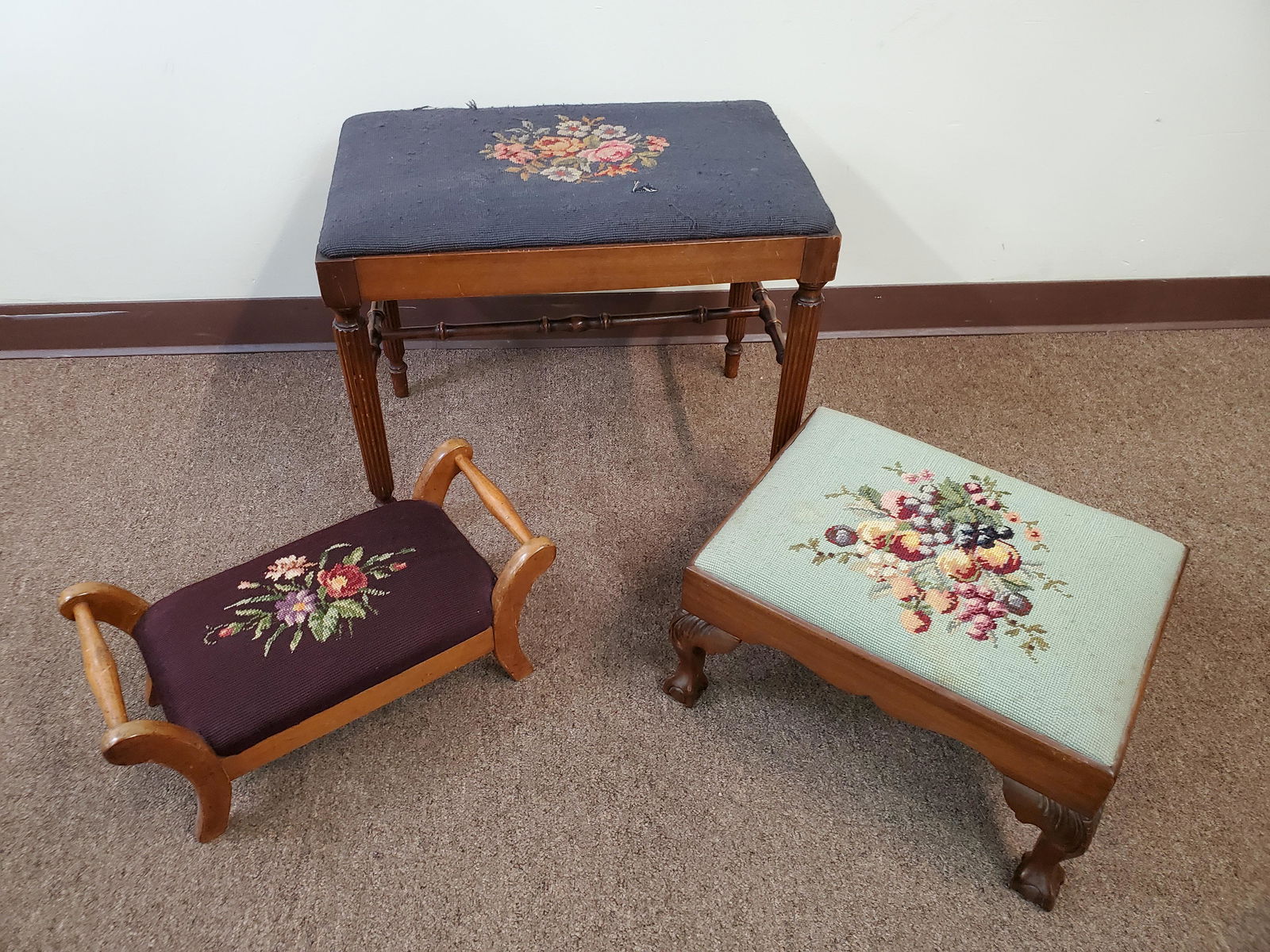 Needle Point Bench & 2 Foot Stools (1 of 6)