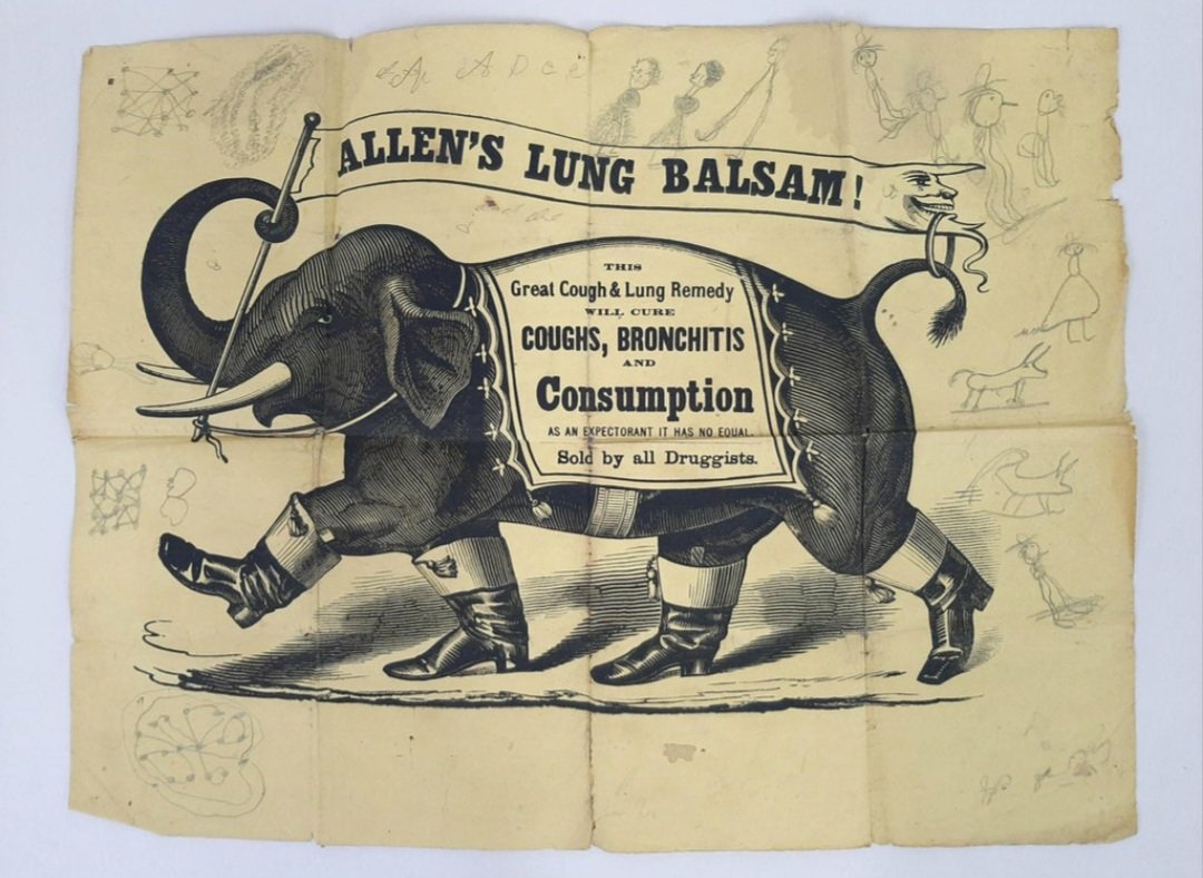 Allen's Lung Balsam Broadside: 14-1/4" wide X 11" high. Pencil drawing to both sides. Some tears and creases.