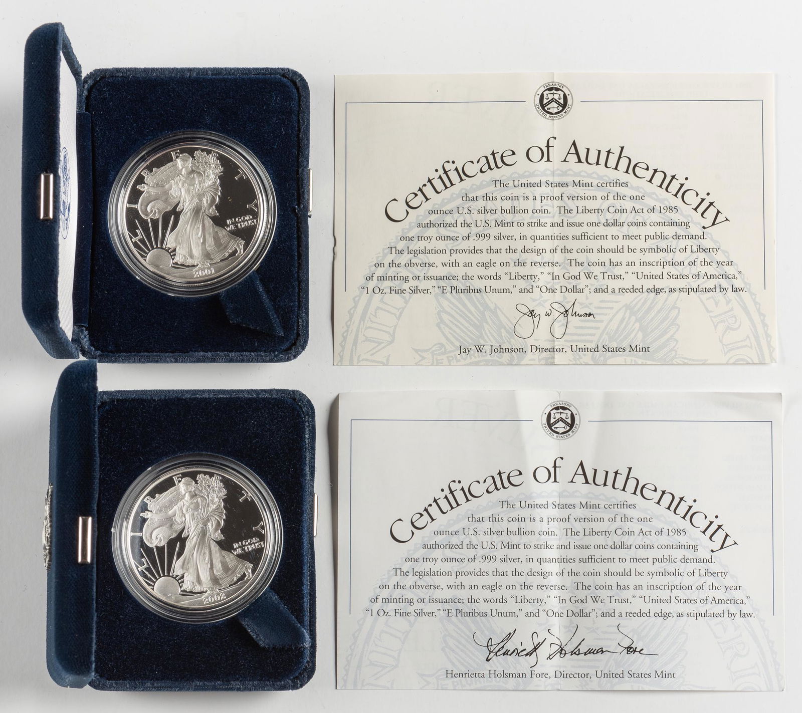 2 Proof American Silver Eagles 2001-W & 2002-W (1 of 1)