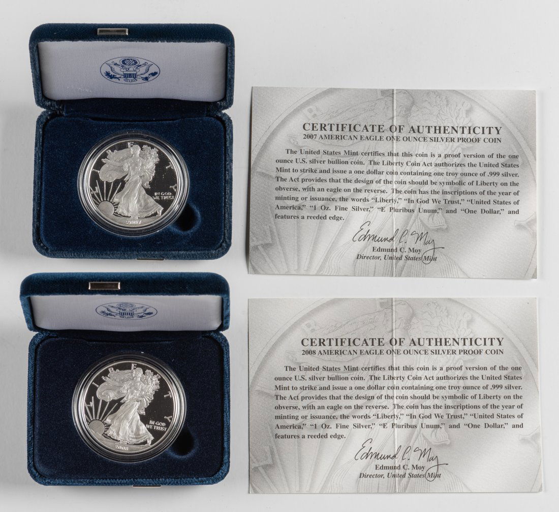 2 Proof American Silver Eagles 2007-W & 2008-W (1 of 1)