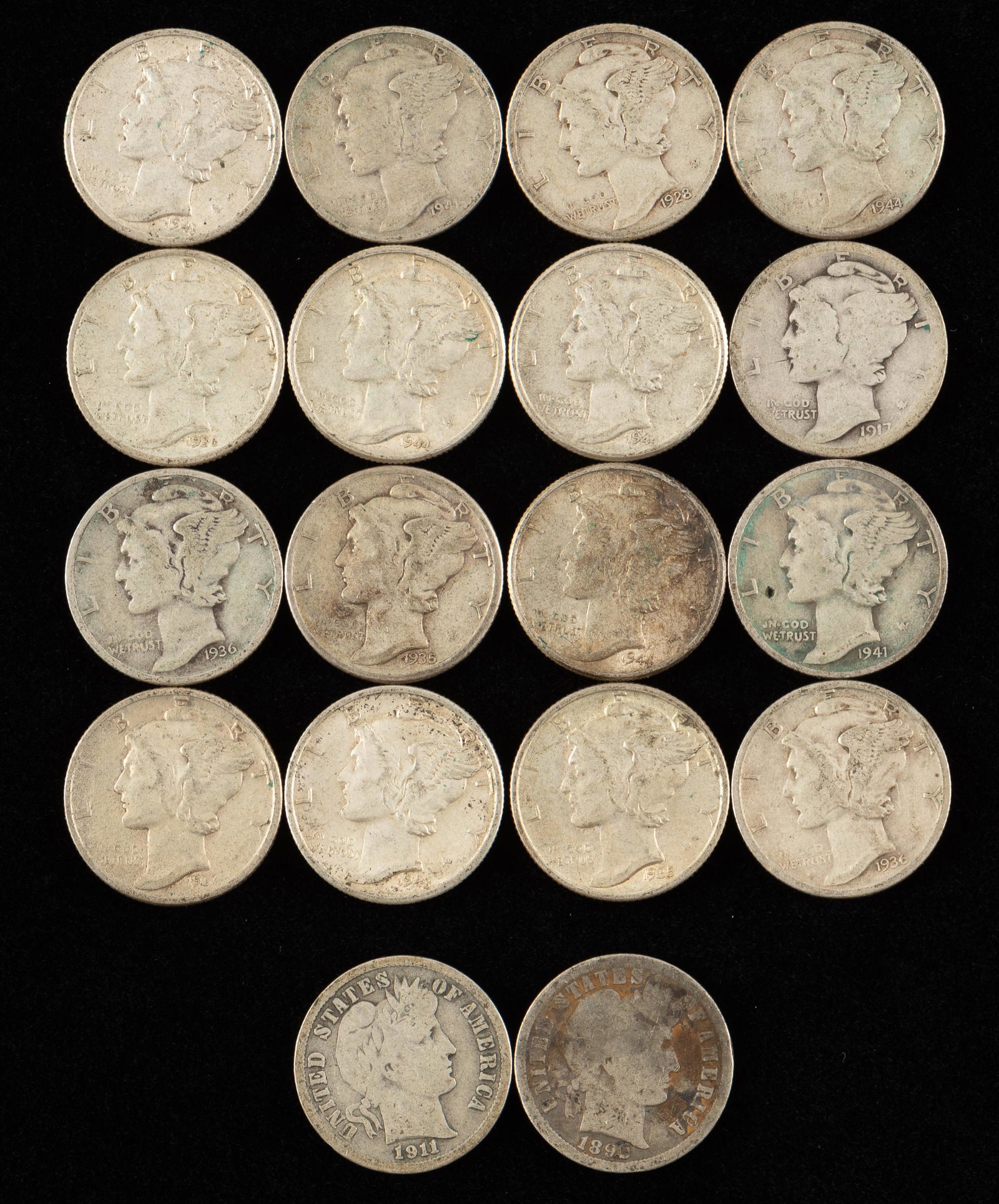 18 U.S. Silver Dimes: 1982-O - 1944. About good to extra fine. IMPORTANT: Before bidding, please read the terms and conditions. When you registered for the auction you agreed to these terms and will be required to comply w