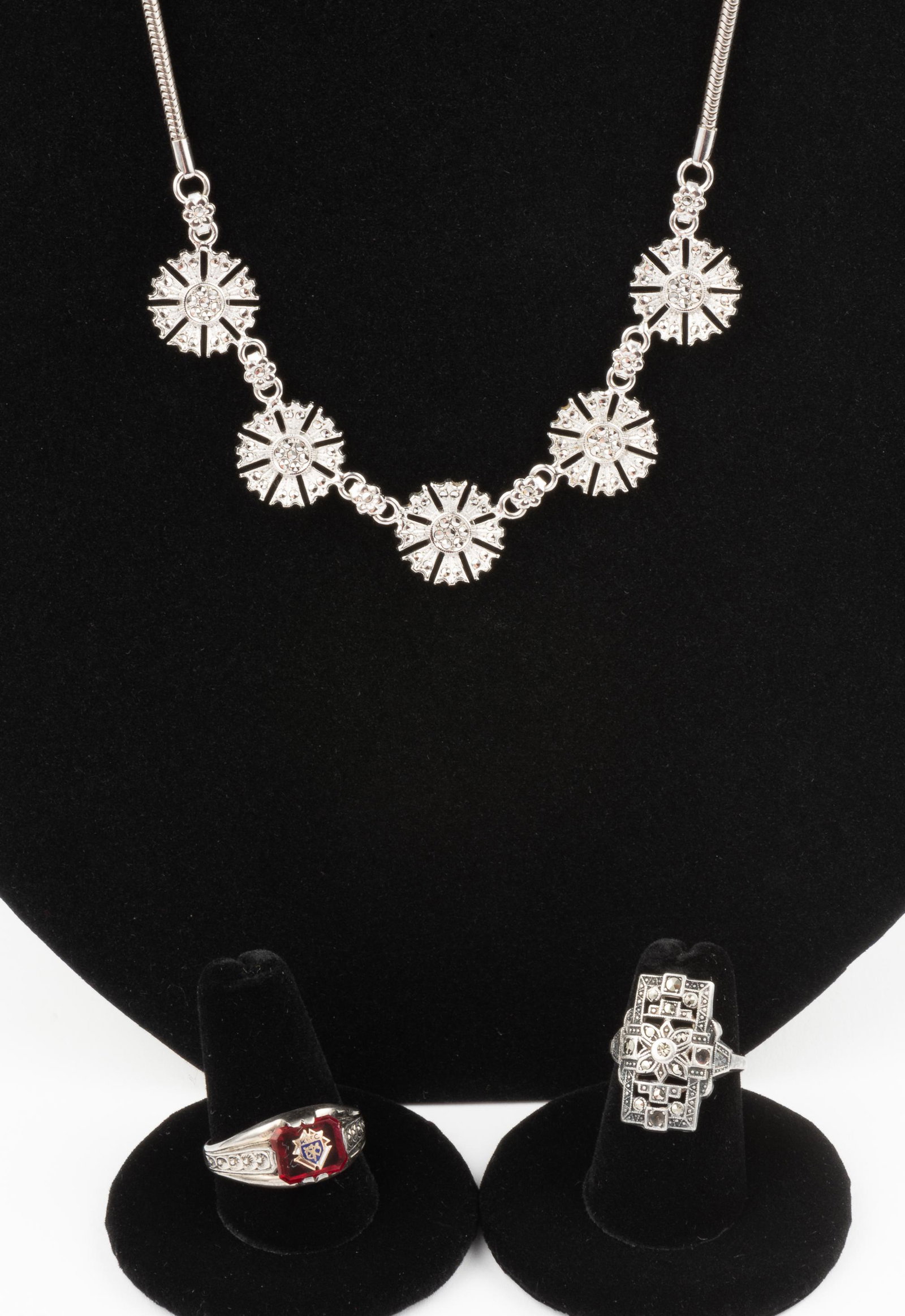 Sterling & Marcasite Rings and Necklace: Nights of Columbus ring 1/3" wide, size 10.5. Marcasite ring size 7. Necklace 16" long overall. IMPORTANT: Before bidding, please read the terms and conditions. When you registered for the auction you