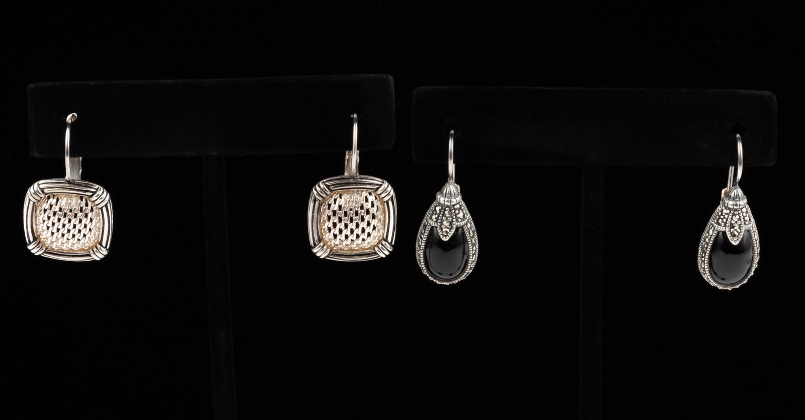 2 Pairs Sterling Earrings: Square earrings by Joseph Espositio, 1" long. Onyx and marcasite earrings marked Thailand, 1" long. IMPORTANT: Before bidding, please read the terms and conditions. When you registered for the auction