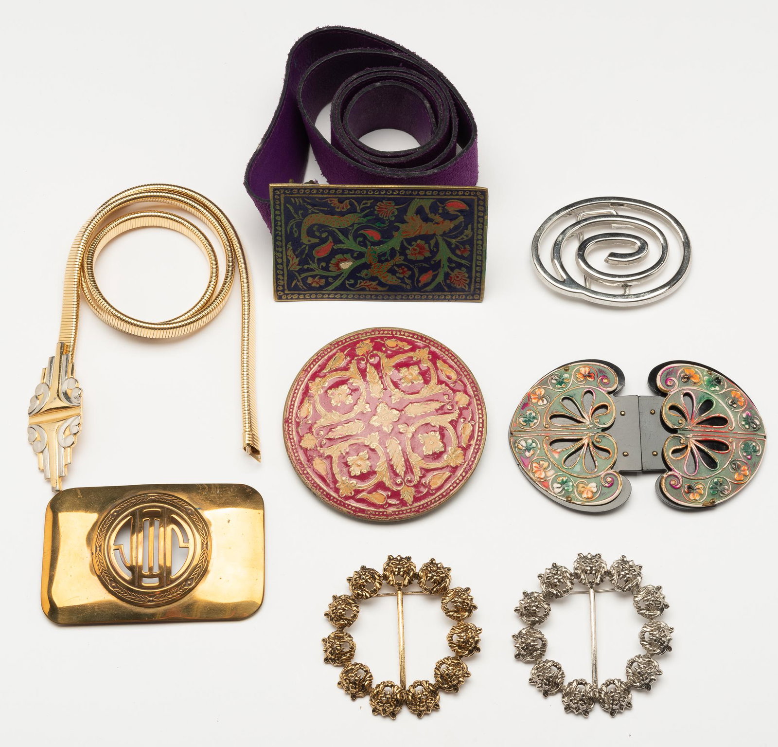 8 Vintage Belt Buckles & Buckle Pins: Brass monogrammed buckle 4-1/4" wide. Pink enamel buckle 4" diameter. IMPORTANT: Before bidding, please read the terms and conditions. When you registered for the auction you agreed to these terms and