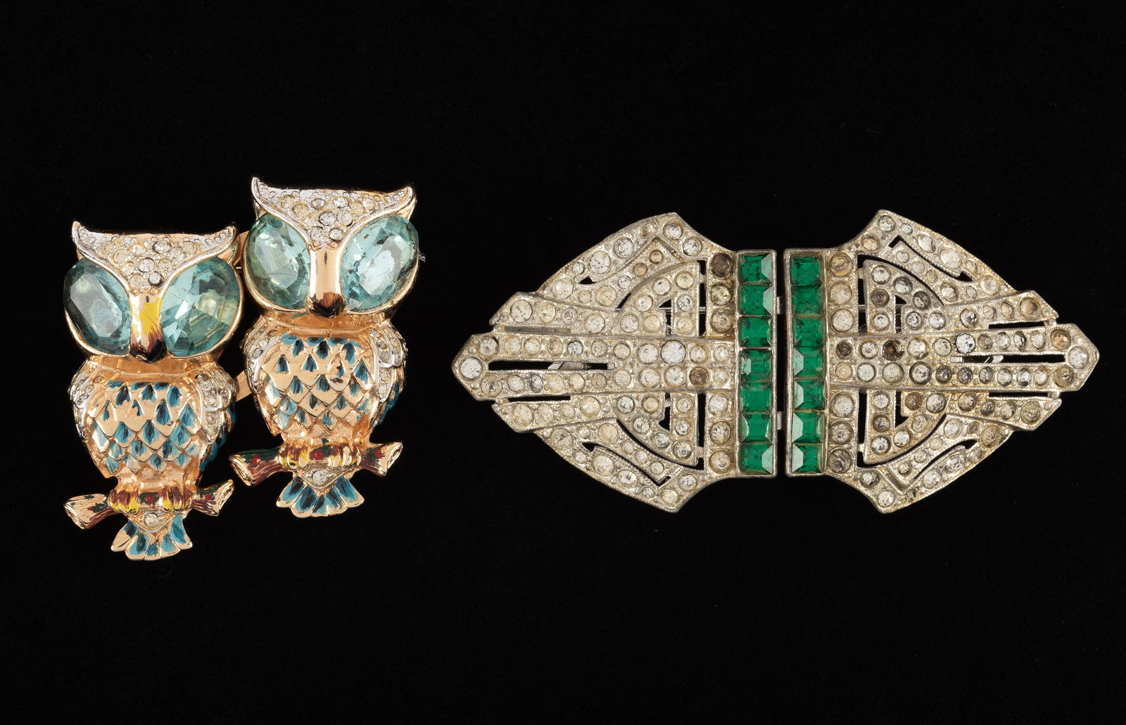 2 Coro Duetts: Rhinestone duett 1-1/2" high x 3-1/2" wide missing some rhinestones. Owls 2" high x 1-3/4" wide. IMPORTANT: Before bidding, please read the terms and conditions. When you registered for the auction yo