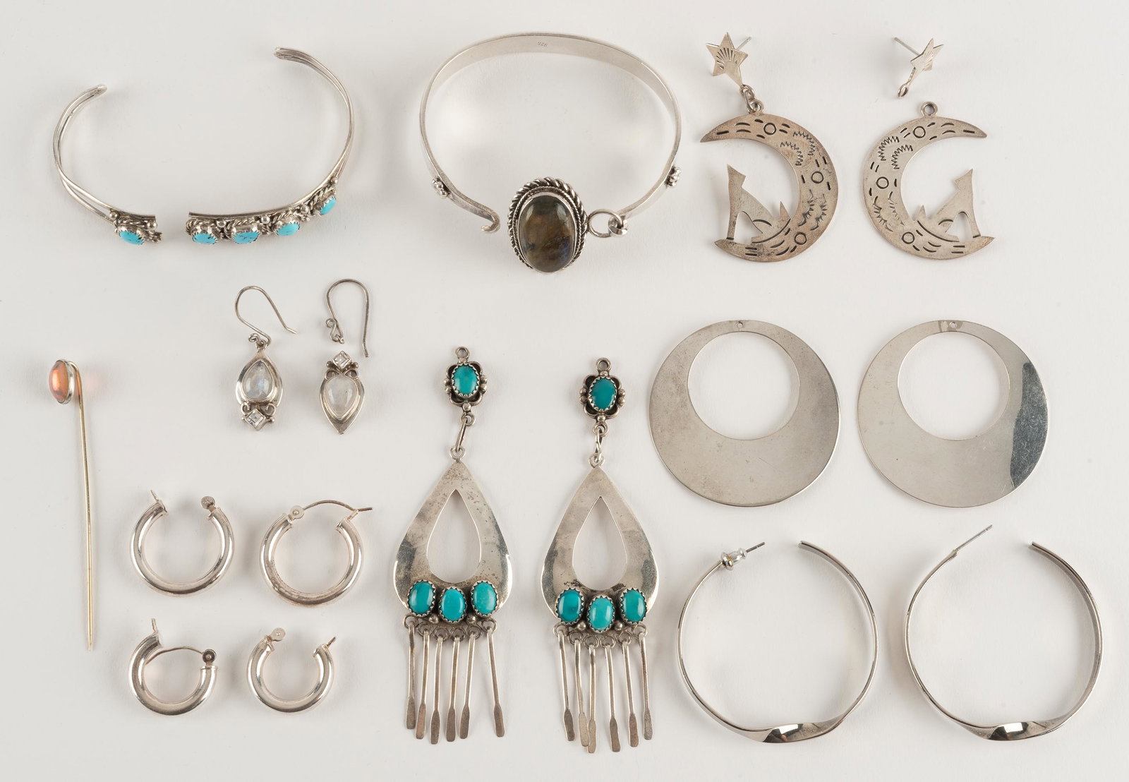 Lot of Sterling Jewely Incl Earrings & Bracelets: Moon earring 2-3/8" long, labradorite cuff bracelet 2-5/16" diameter at widest point, 1" wide. IMPORTANT: Before bidding, please read the terms and conditions. When you registered for the auction you 