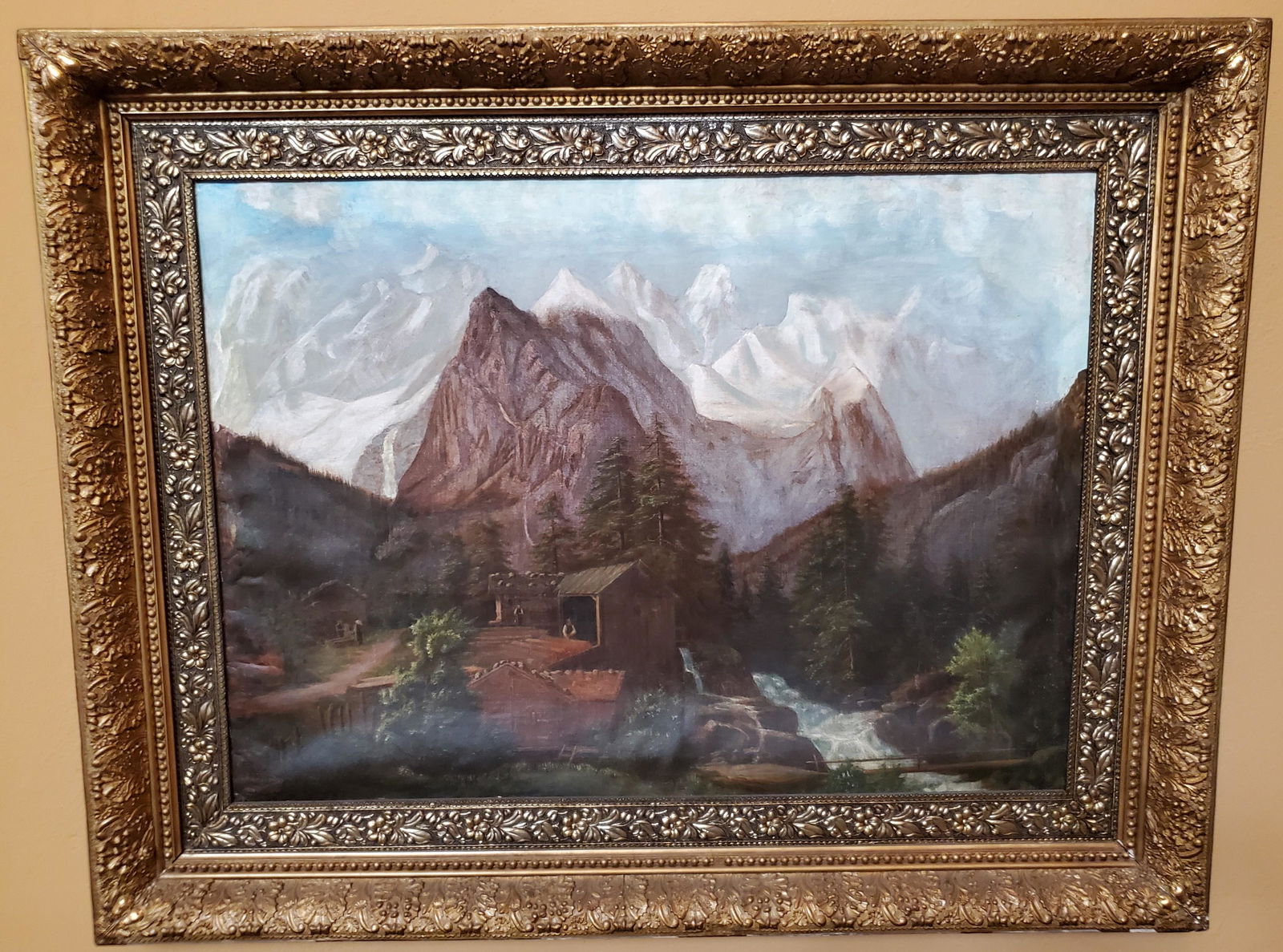 Large Antique Oil Painting of Mountain Scene: 56" wide X 3 1/2" deep X 45" high. Frame has some damage and paint loss. IMPORTANT: Before bidding, please read the terms and conditions. When you registered for the auction you agreed to these terms