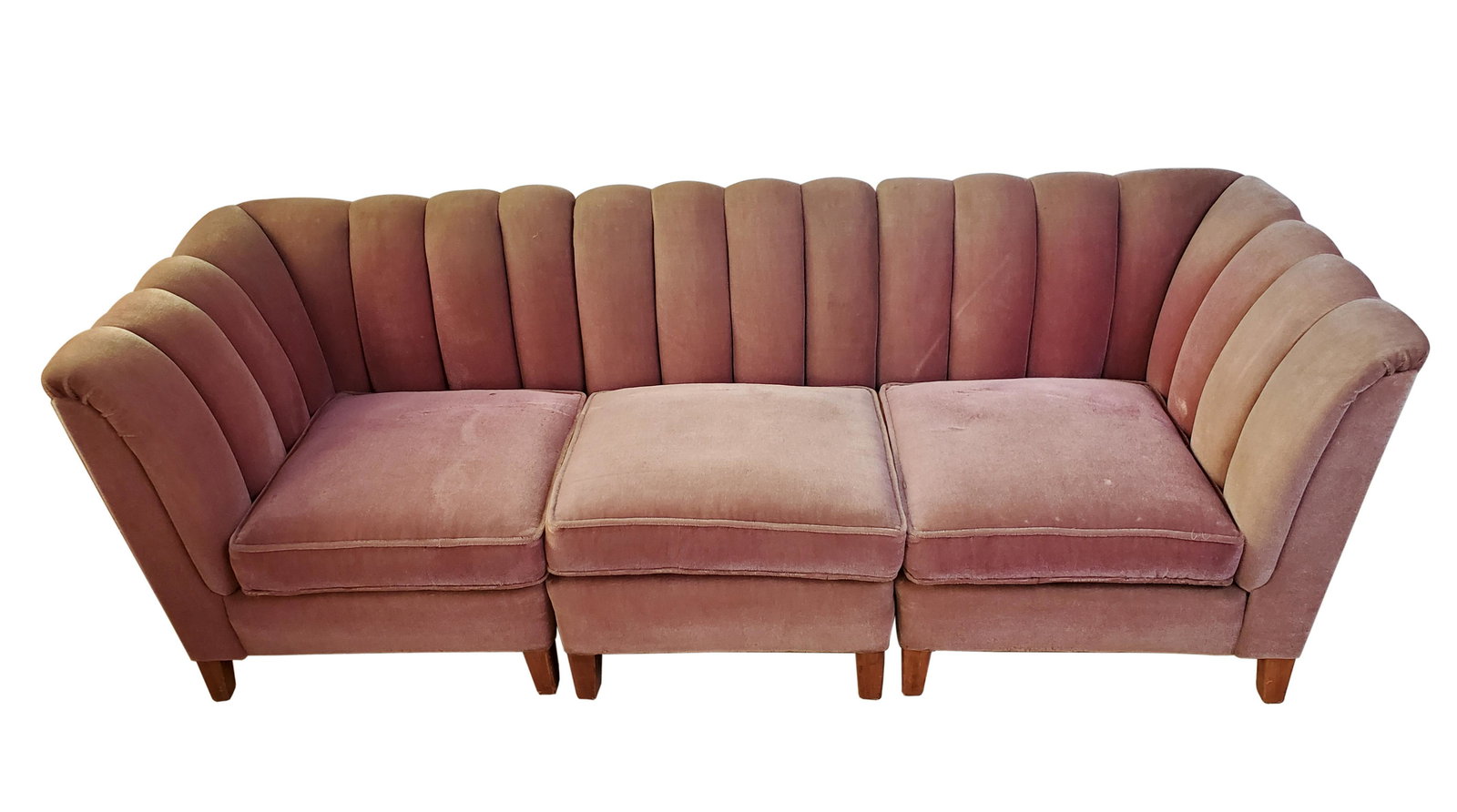 Decker Sectional Sofa: Circa 1920 - 1930. 87" wide X 31" deep X 30 1/2" high. Overall presents well. Some fading and discoloring. IMPORTANT: Before bidding, please read the terms and conditions. When you registered for the 
