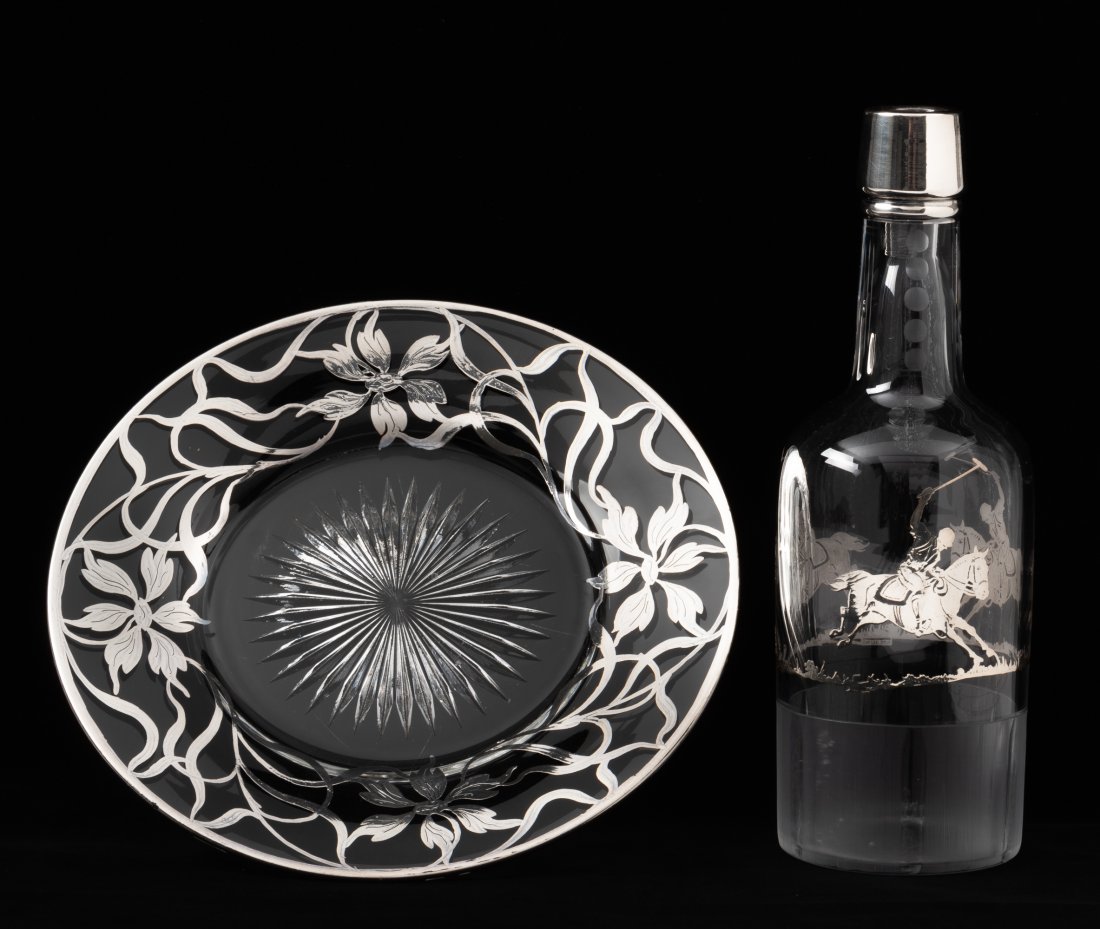 Sterling Overlay Plate and Liquor Bottle: 3-1/2" to 9-3/4" diameter x 10-1/2" high. IMPORTANT: Before bidding, please read the terms and conditions. When you registered for the auction you agreed to these terms and will be required to comply 