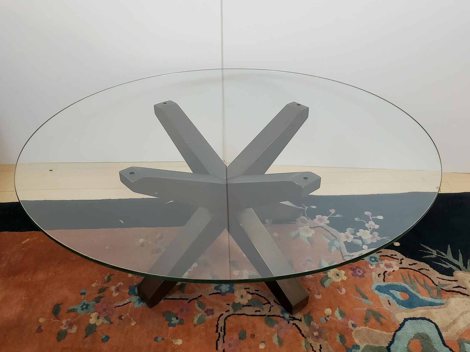 Round Glass Top Coffee Table: 41 1/4" wide X 17" high. IMPORTANT: Before bidding, please read the terms and conditions. When you registered for the auction you agreed to these terms and will be required to comply with them.