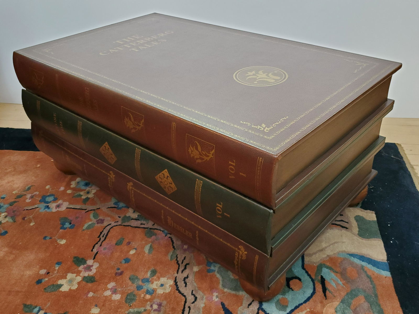 Book Coffee Table With Drawer: Book covers and spines are simulated leather. 37 1/2" wide X 23" deep X 17 3/4" high. IMPORTANT: Before bidding, please read the terms and conditions. When you registered for the auction you agreed to