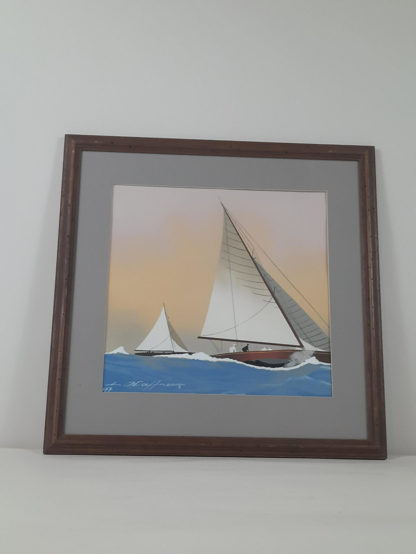 Leon Houffner Gouache on Paper of Sailboat: Signed lower left. Overall with frame 18-3/4" high x 18-3/4" wide. IMPORTANT: Before bidding, please read the terms and conditions. When you registered for the auction you agreed to these terms and wi