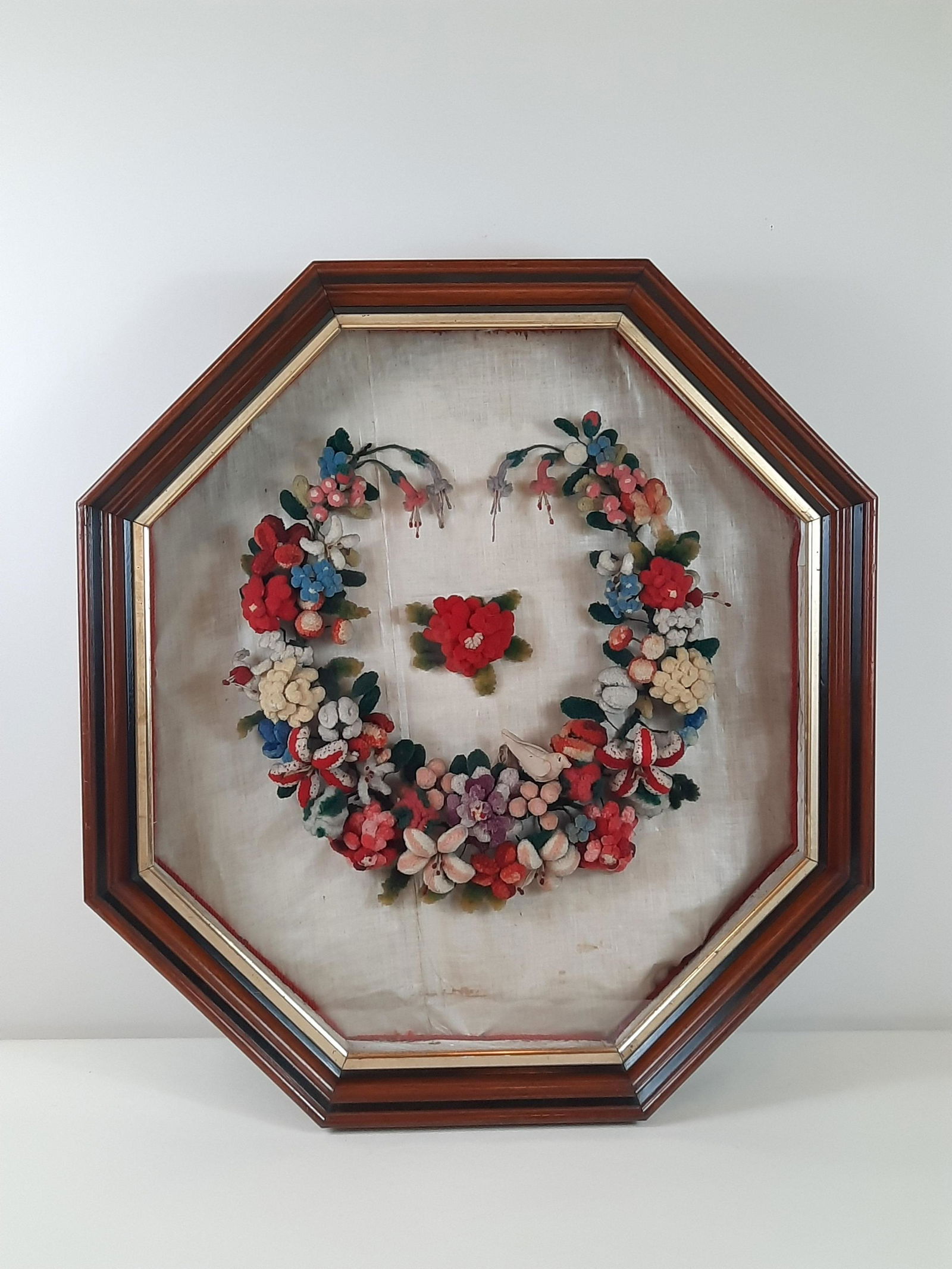 Victorian Plushwork Floral Wreath with Bird (1 of 4)