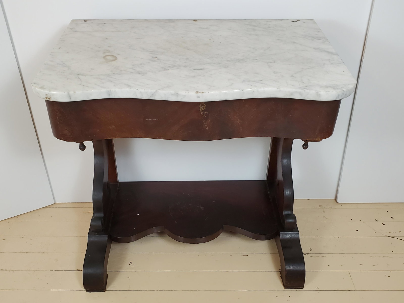 19th Century Classic Marble Pier Table: 28 1/2" wide X 18" deep X 28 1/2" high. IMPORTANT: Before bidding, please read the terms and conditions. When you registered for the auction you agreed to these terms and will be required to comply wi
